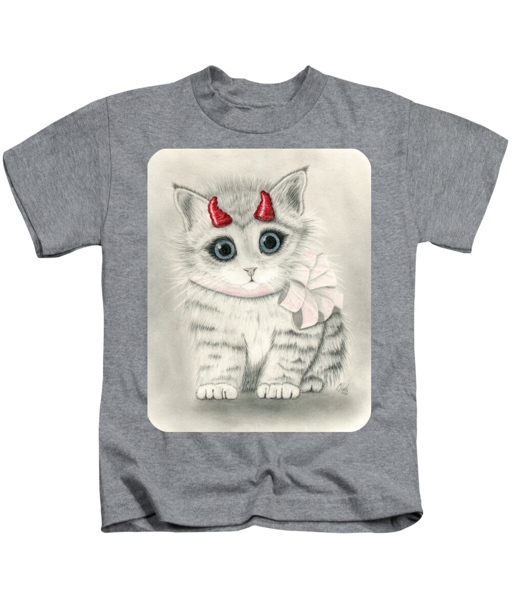Cute Kitten Kids T-Shirt featuring the drawing Little Red Horns - Cute Devil Kitten by Carrie Hawks