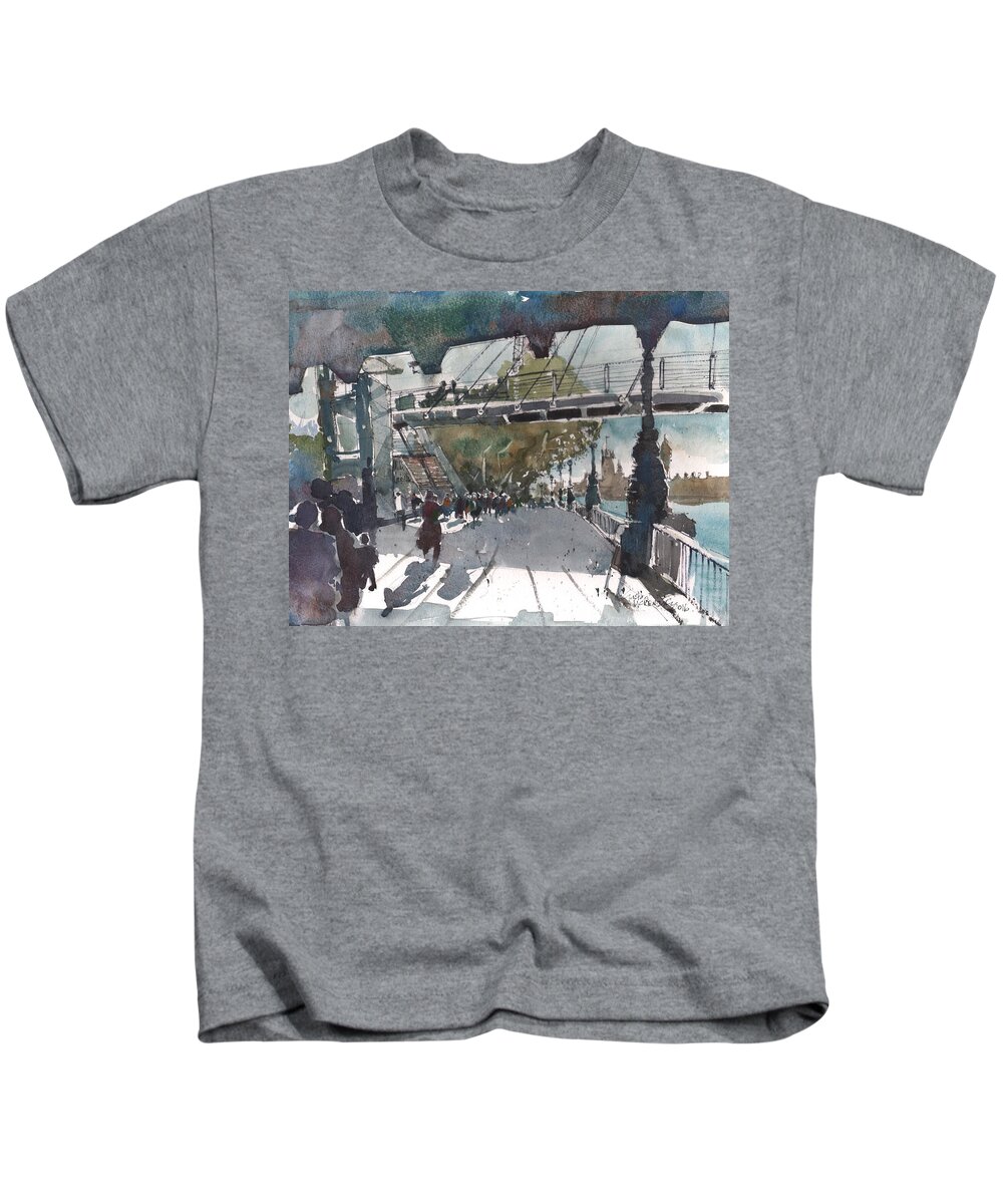 Watercolour Kids T-Shirt featuring the painting Lively Southbank London by Gaston McKenzie