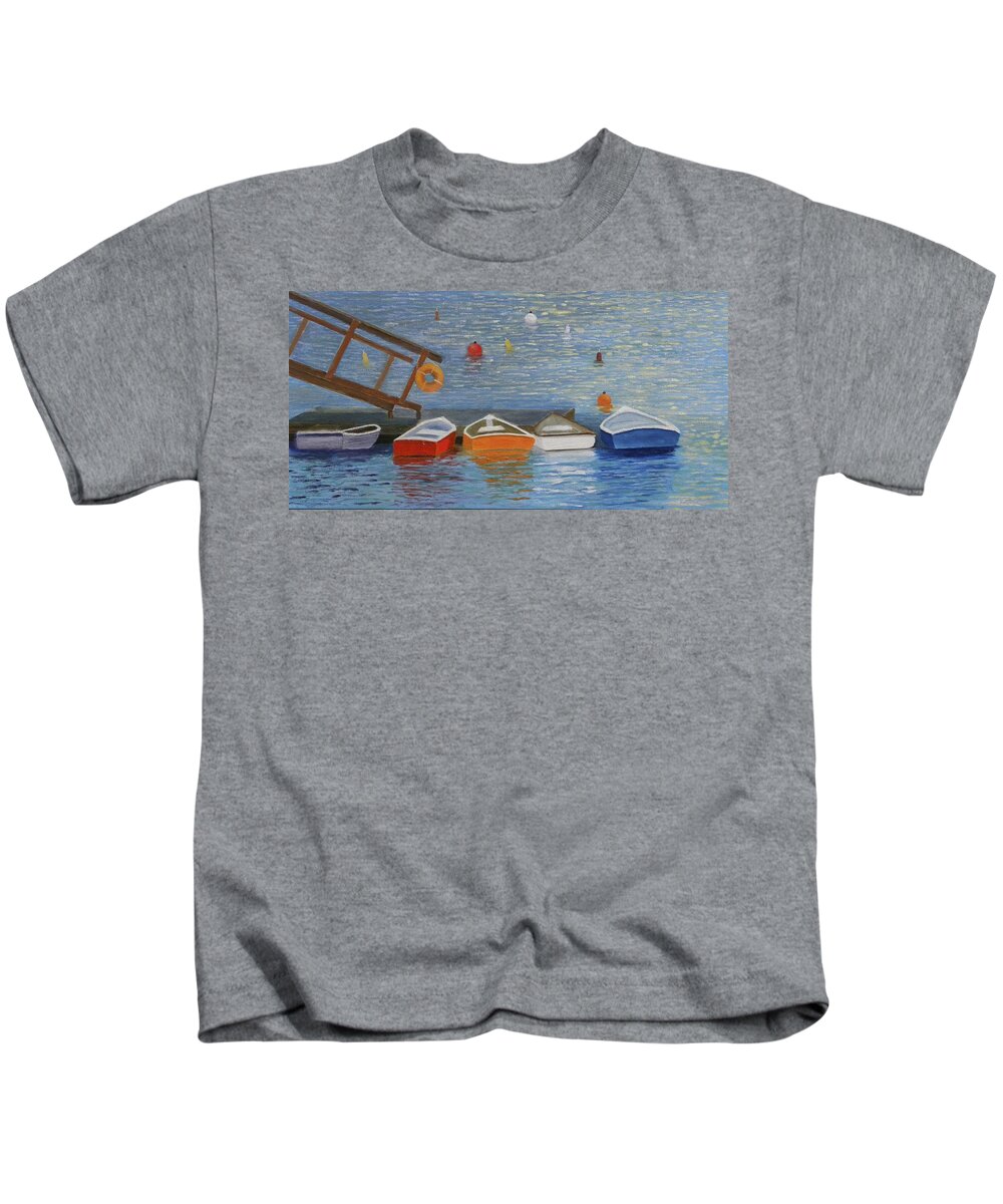 Boats Ocean Dock Log Cove Lobster Traps Moorings Harbor Maine Kids T-Shirt featuring the painting Long Cove Dock by Scott W White
