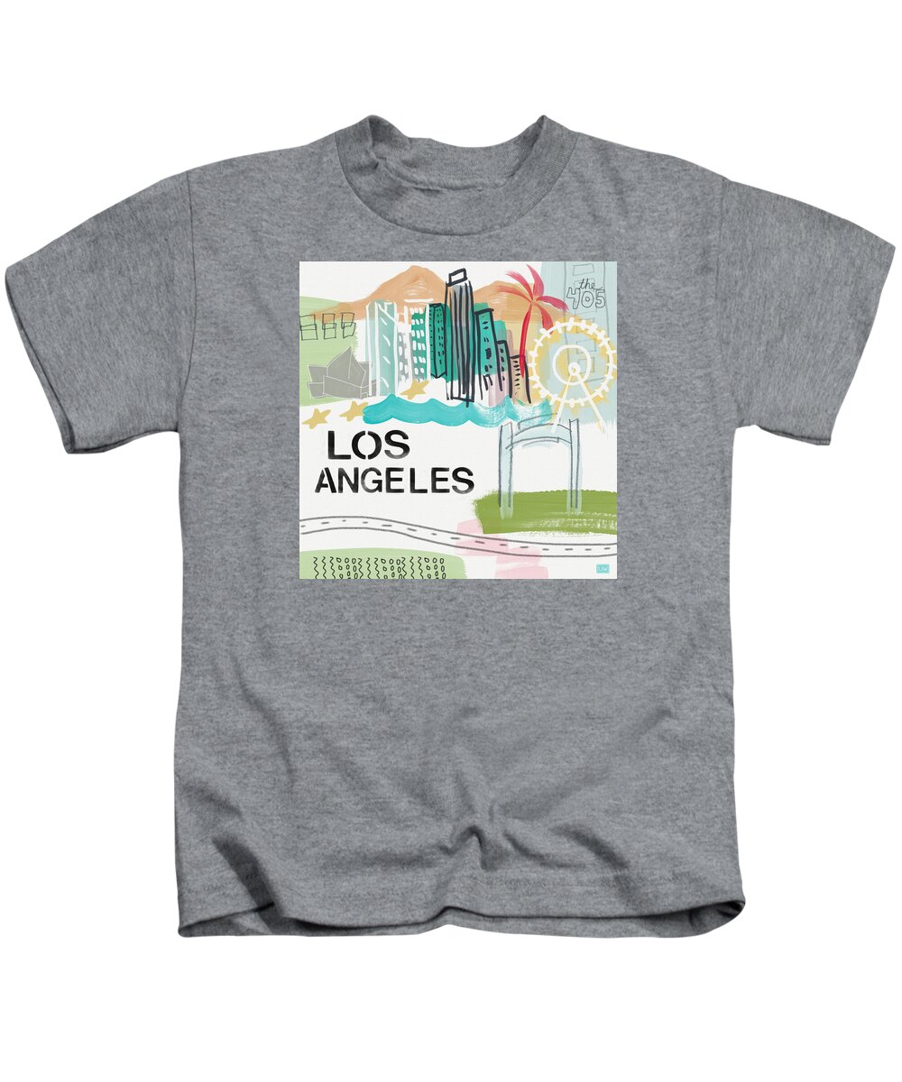 Los Angeles Kids T-Shirt featuring the painting Los Angeles Cityscape- Art by Linda Woods by Linda Woods