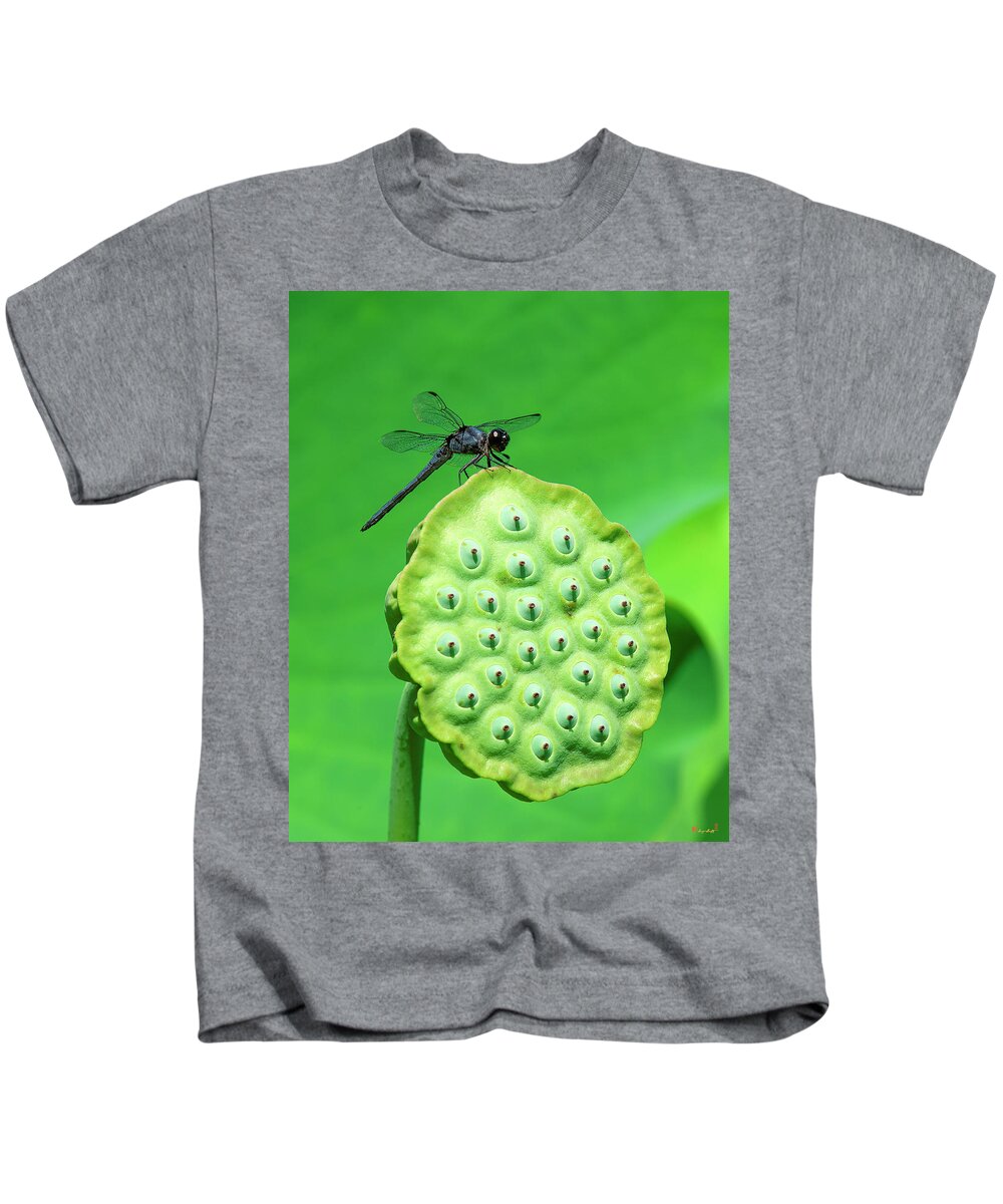Lotus Kids T-Shirt featuring the photograph Lotus Capsule and Slaty Skimmer Dragonfly DL0106 by Gerry Gantt