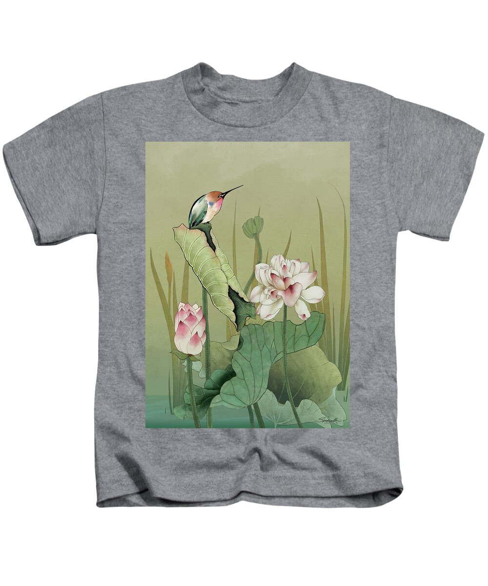 Flower Kids T-Shirt featuring the digital art Lotus Flower and Hummingbird by M Spadecaller