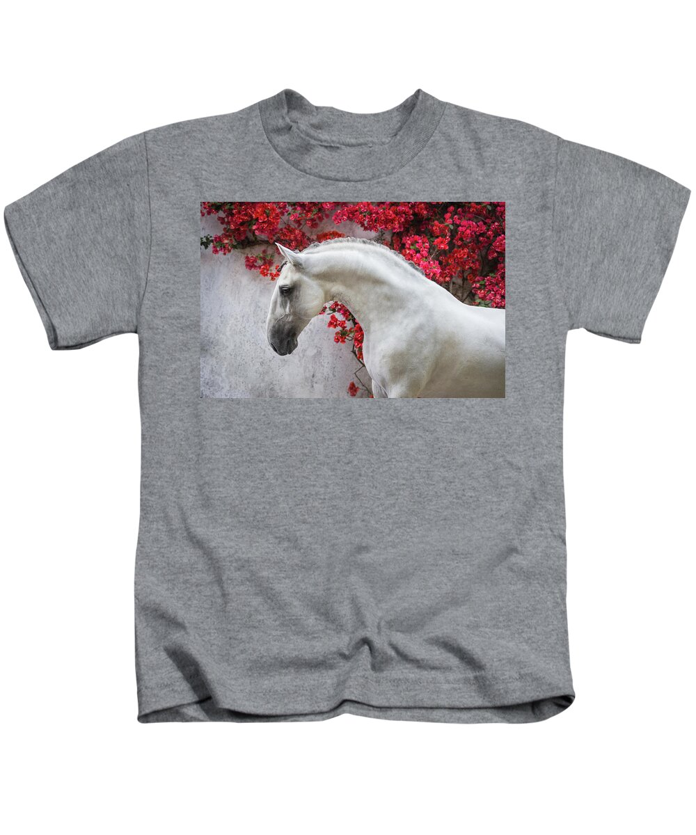 Russian Artists New Wave Kids T-Shirt featuring the photograph Lusitano Portrait in Red Flowers by Ekaterina Druz