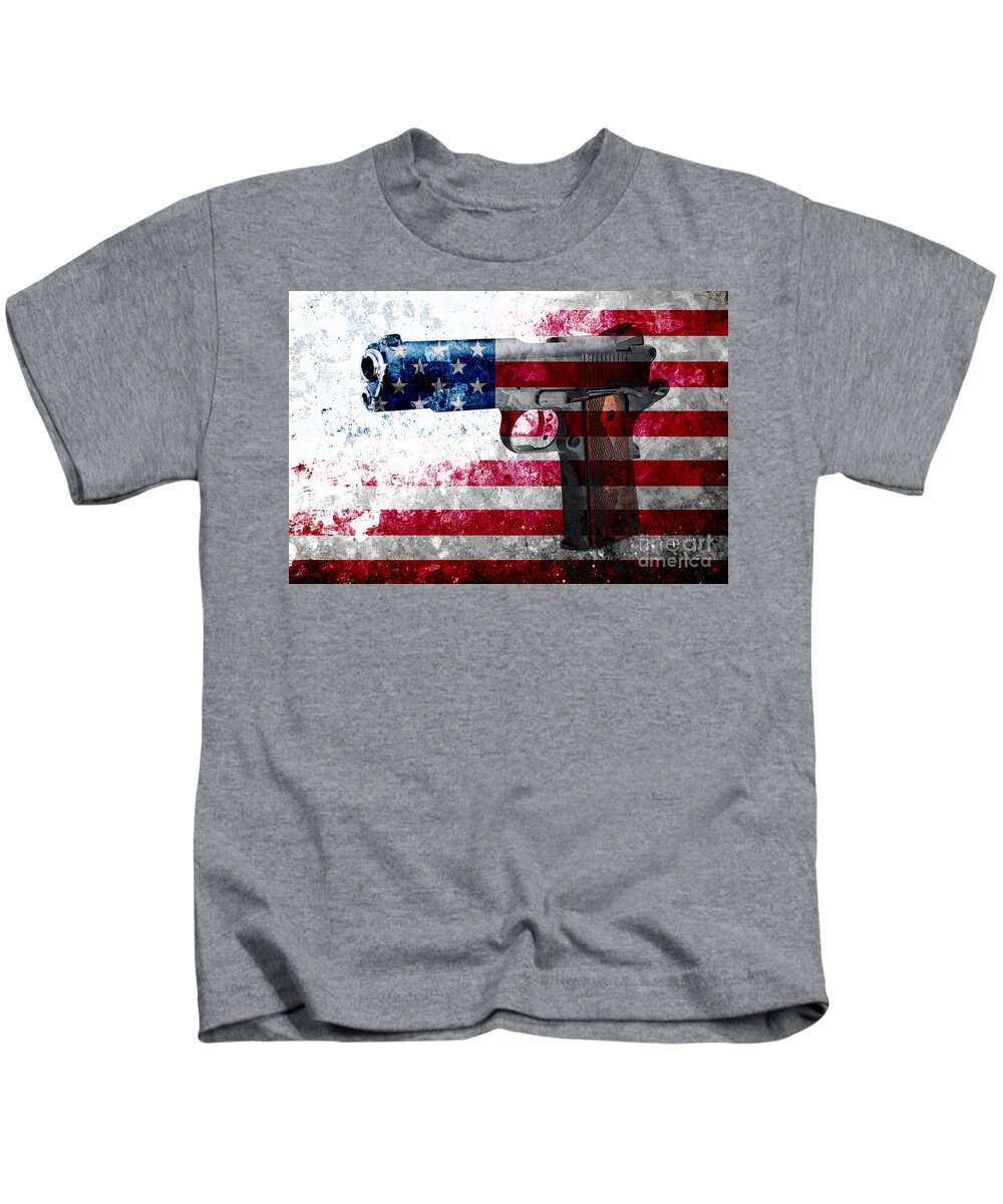 M1911 Kids T-Shirt featuring the digital art M1911 Colt 45 and American Flag on Distressed Metal Sheet by M L C