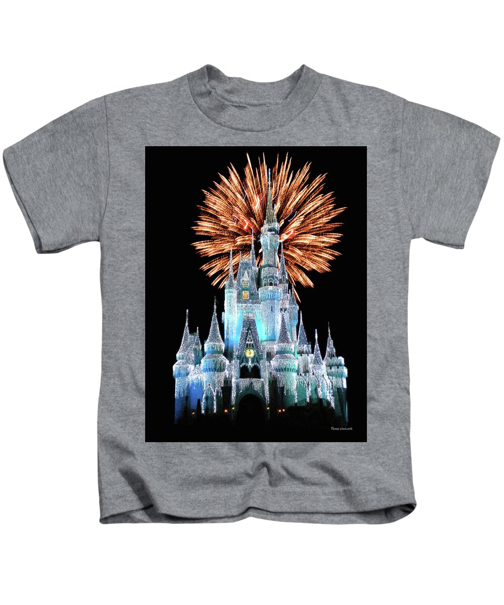 Castle Kids T-Shirt featuring the photograph Magic Kingdom Castle In Frosty Light Blue with Fireworks 02 MP by Thomas Woolworth
