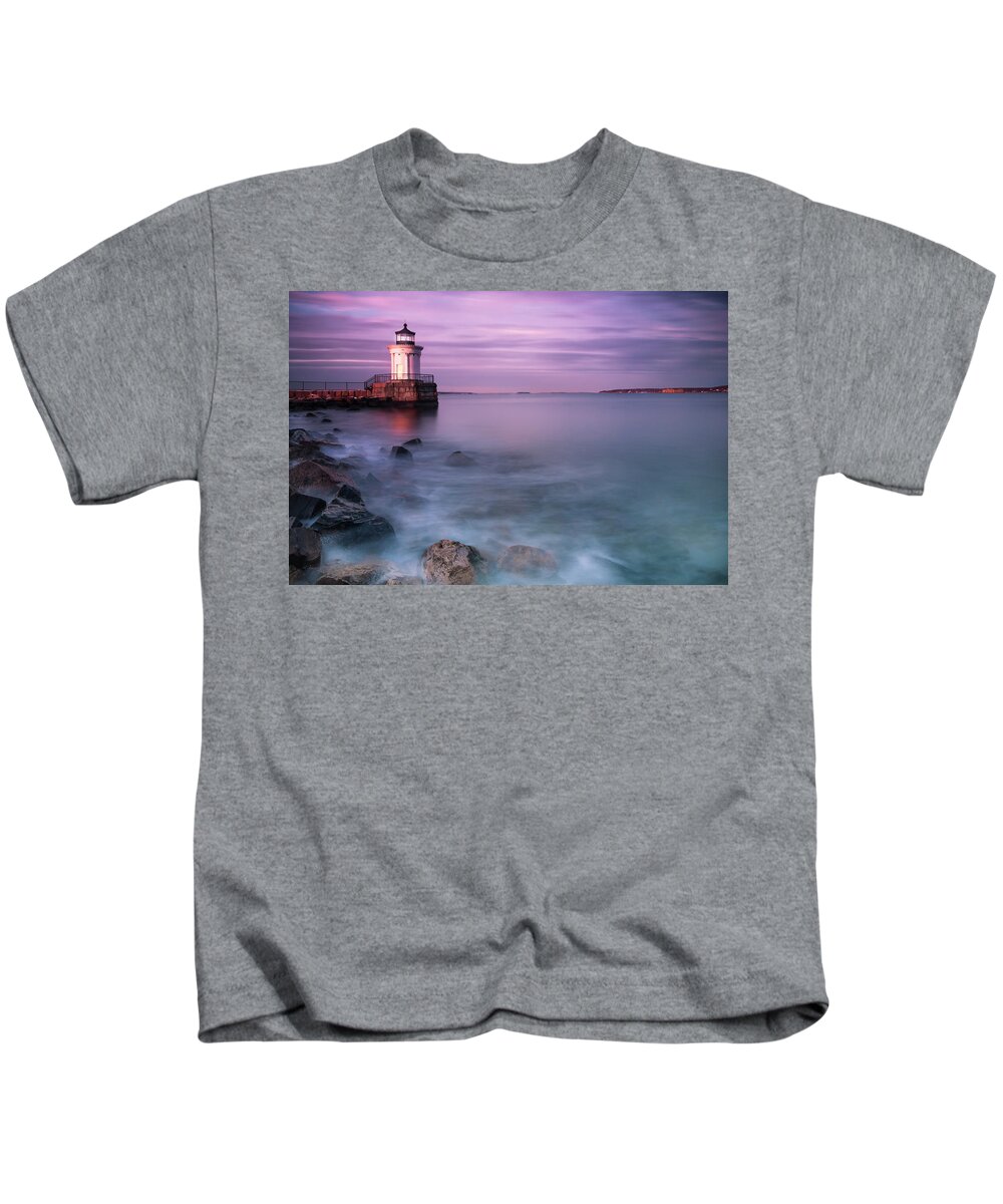 Maine Kids T-Shirt featuring the photograph Maine Bug Light Lighthouse Sunset by Ranjay Mitra