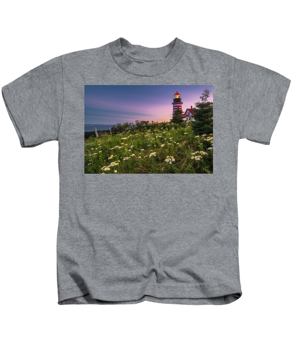Maine Kids T-Shirt featuring the photograph Maine West Quoddy Head Lighthouse Sunset by Ranjay Mitra