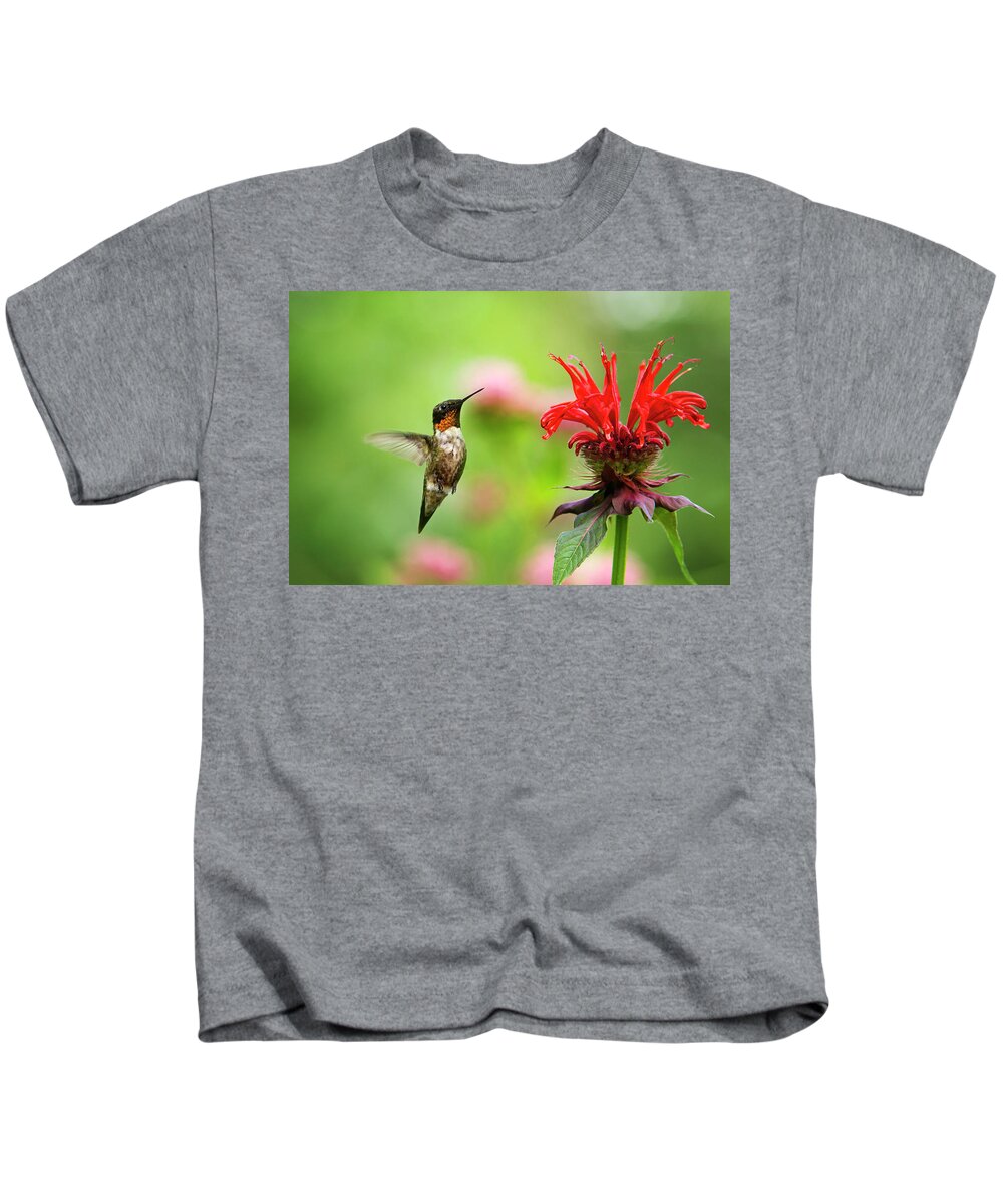 Hummingbird Kids T-Shirt featuring the photograph Male Ruby-Throated Hummingbird Hovering Near Flowers by Christina Rollo