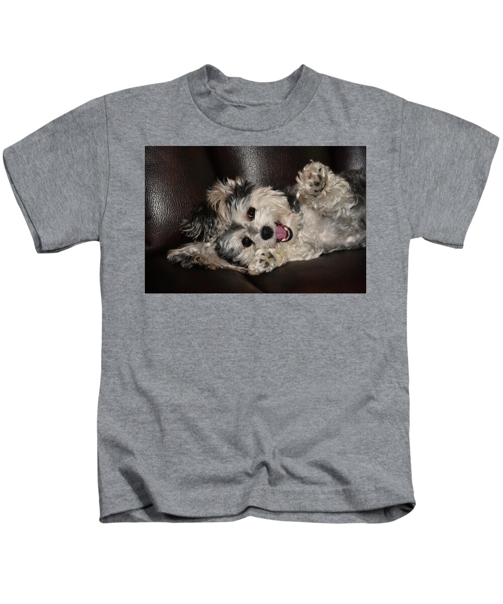 Puppy Kids T-Shirt featuring the photograph Maltipoo Playing on the Couch by Artful Imagery