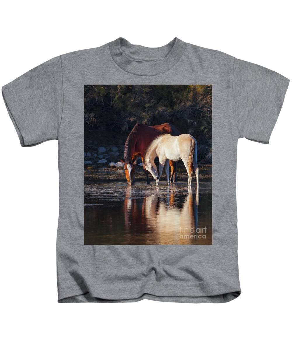 Salt River Wild Horse Horses Kids T-Shirt featuring the photograph Mare And Colt Reflection by Jerry Cowart