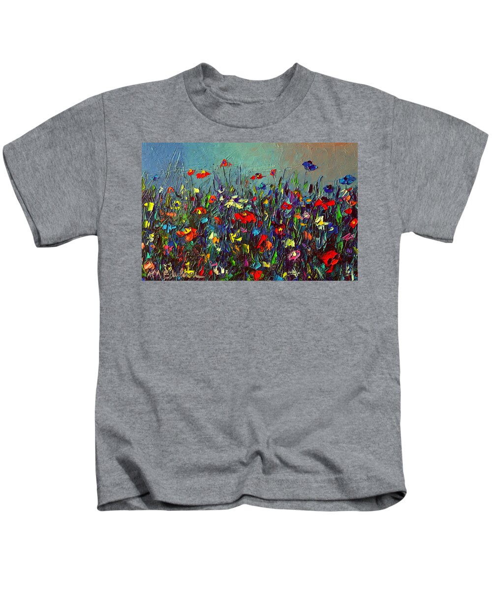 Wildflowers Kids T-Shirt featuring the painting MEADOW DAWN COLORFUL WILDFLOWERS abstract impressionism impasto knife painting by Ana Maria Edulescu by Ana Maria Edulescu