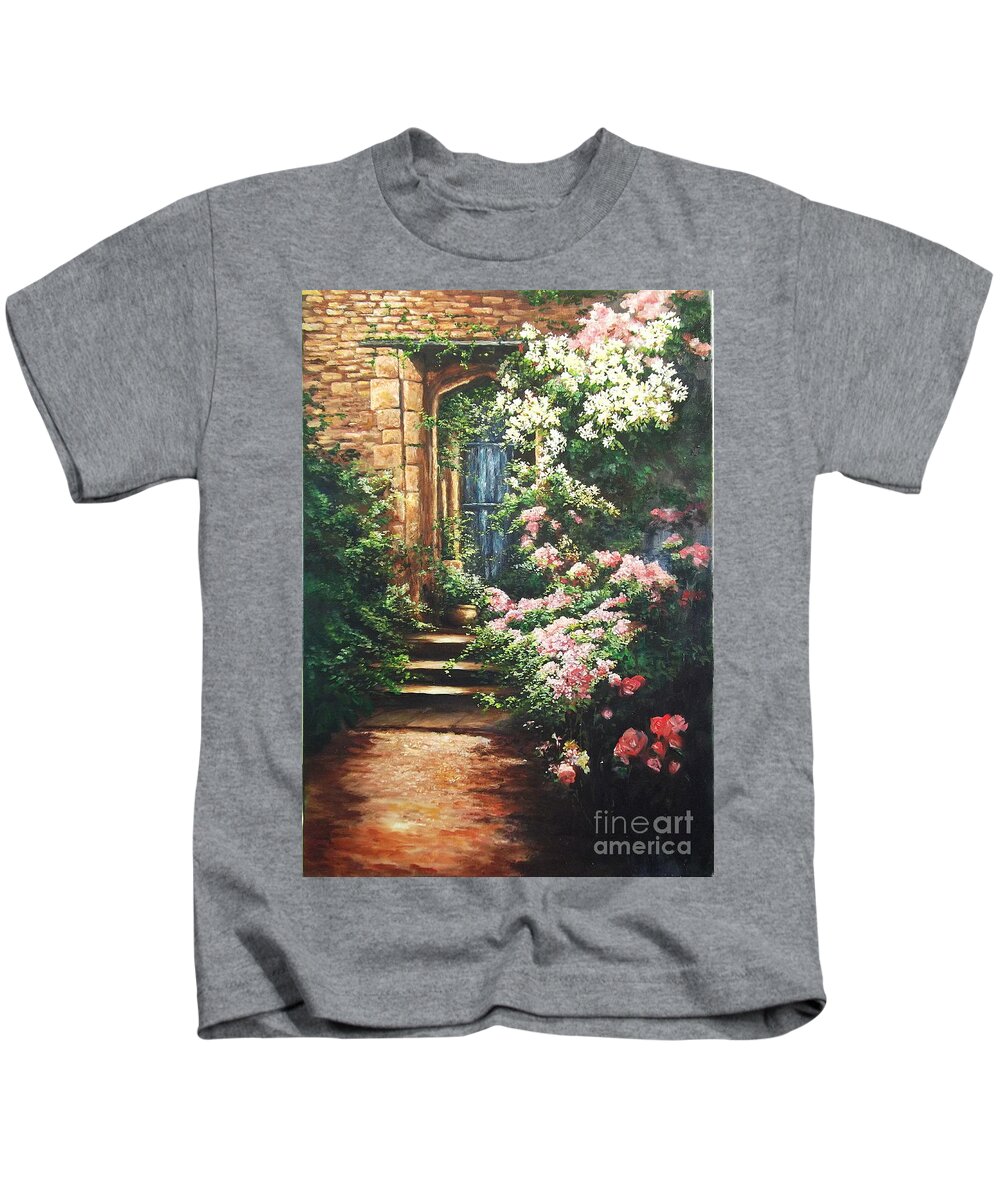 Stone Archway Kids T-Shirt featuring the painting Medieval Stone Archway by Lizzy Forrester