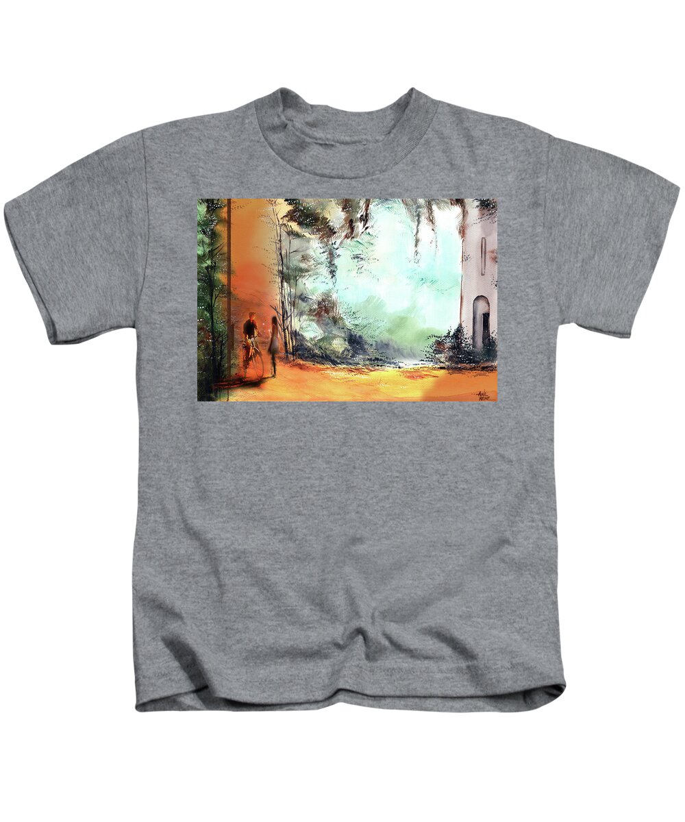 Nature Kids T-Shirt featuring the painting Meeting on a date by Anil Nene