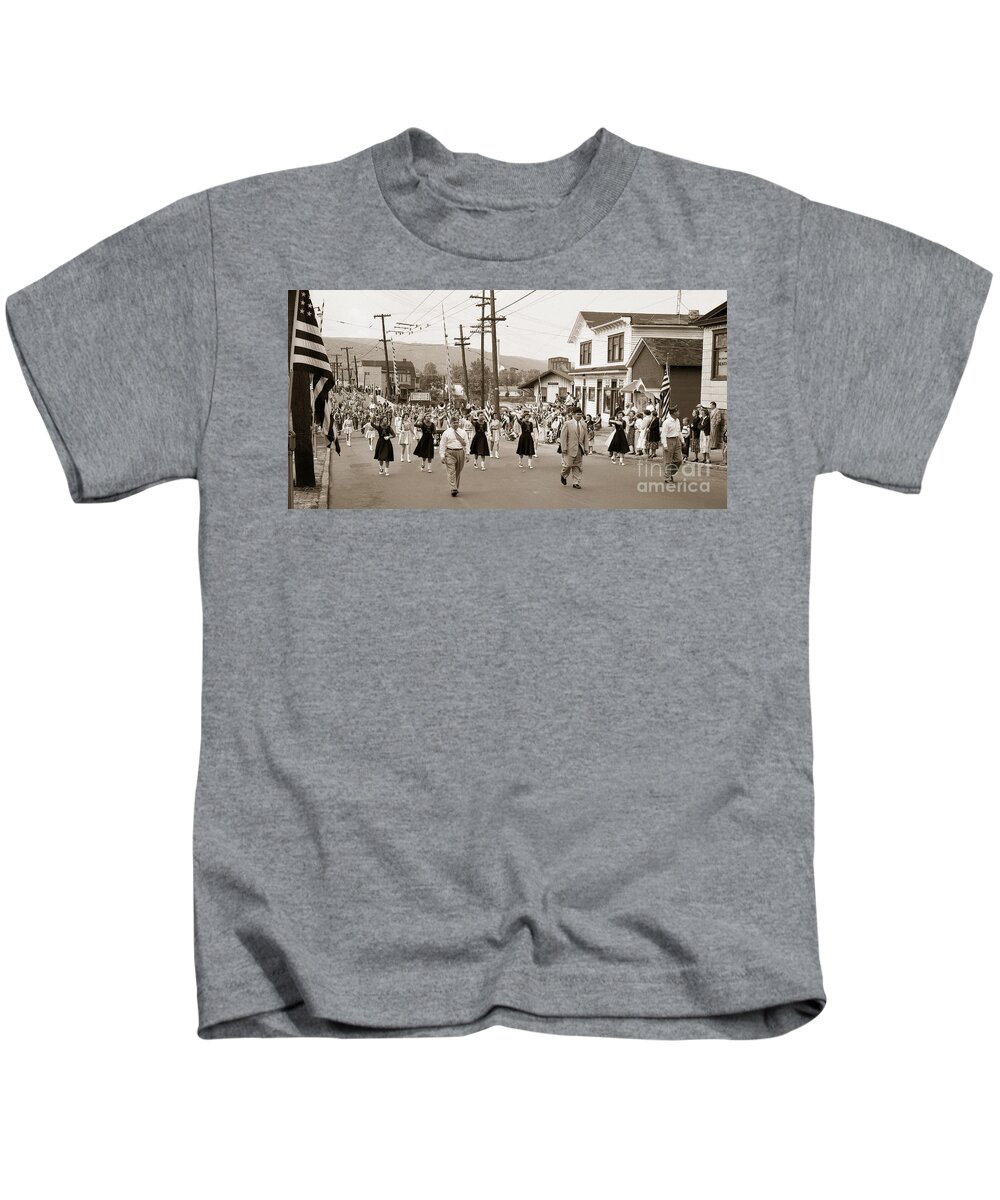 Wilkes Barre Kids T-Shirt featuring the photograph Memorial Day Parade Ashley PA with Train Station and the Huber Colliery in background 1955 by Arthur Miller