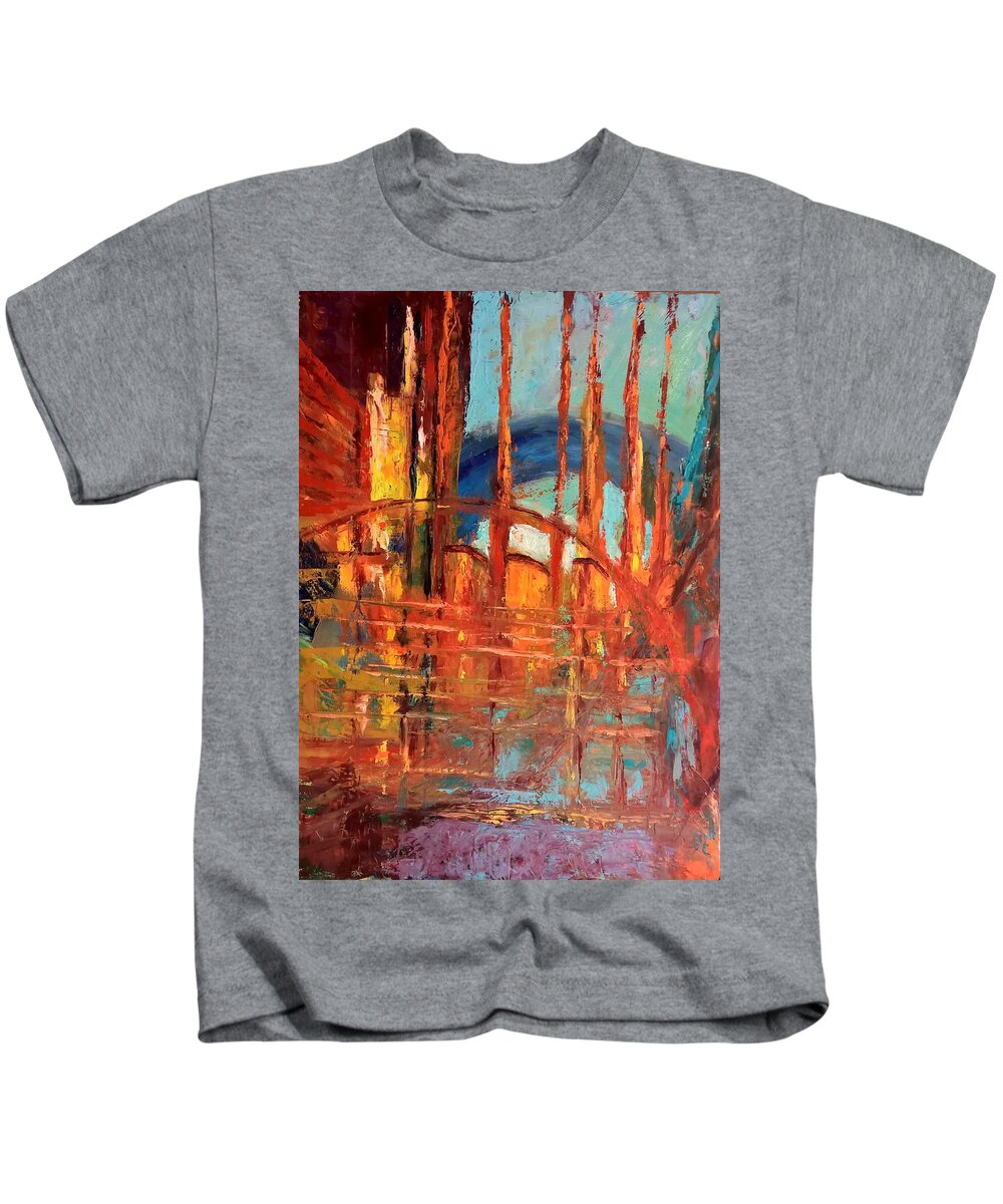 Abstract Kids T-Shirt featuring the painting Metropolis in Space by Nicolas Bouteneff