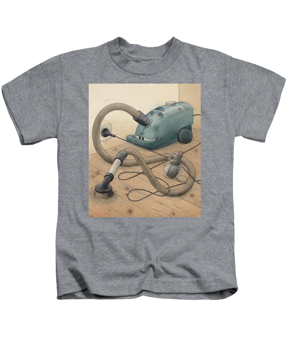 Mice Monster Vacuum-cleaner Brown Kids T-Shirt featuring the painting Mice and Monster by Kestutis Kasparavicius