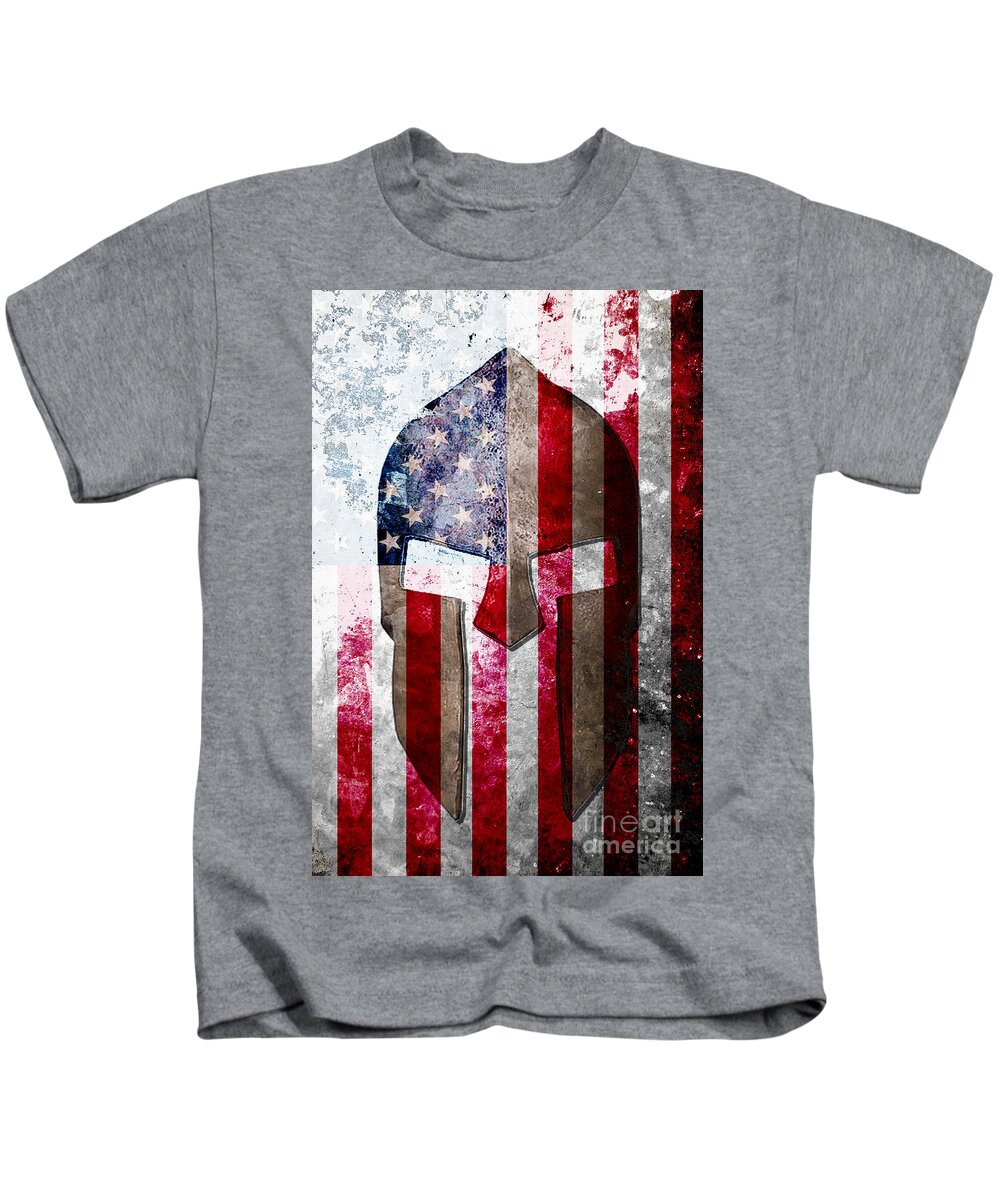 Gun Kids T-Shirt featuring the digital art Molon Labe - Spartan Helmet across an American Flag on Distressed Metal Sheet by M L C