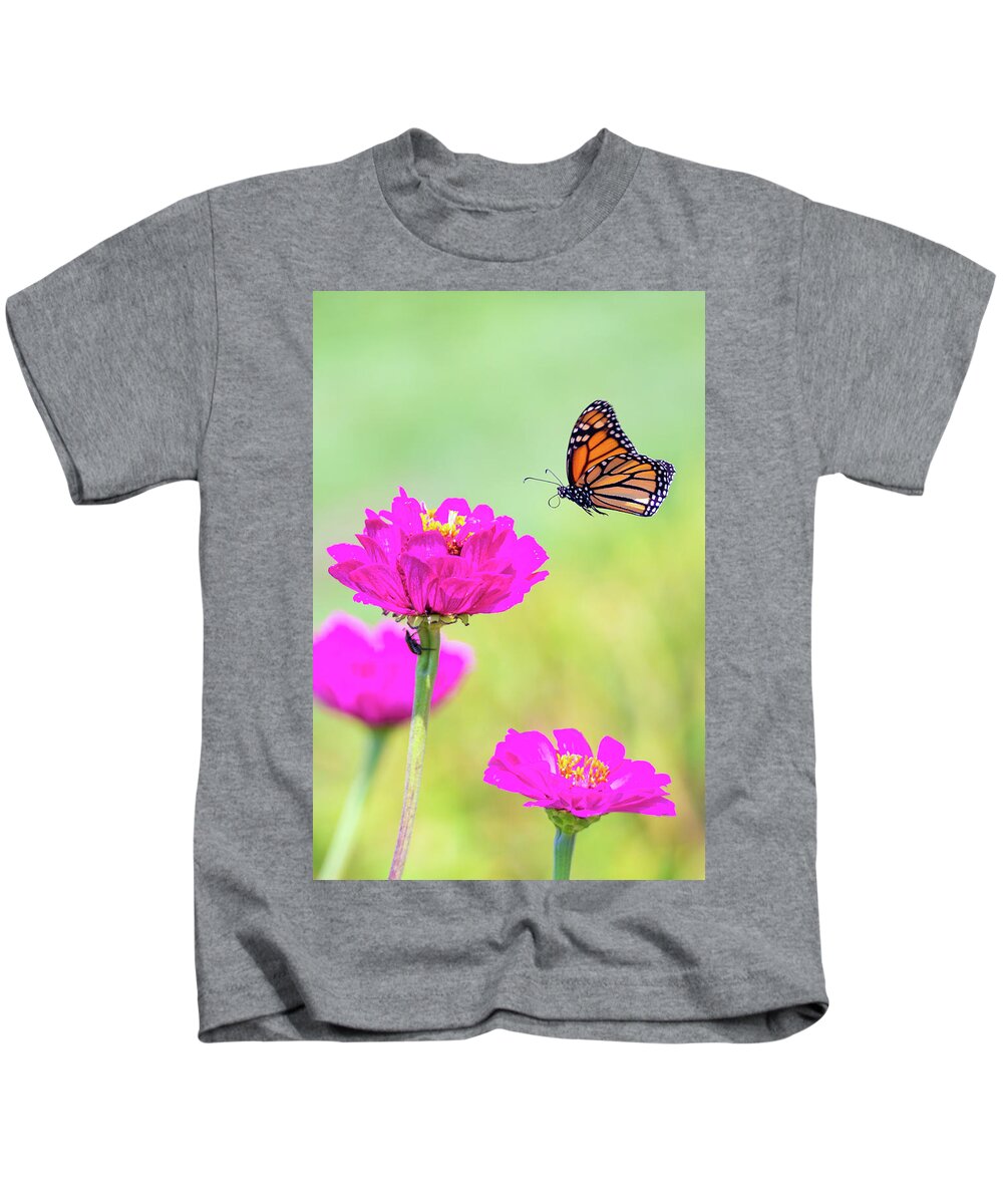Butterfly Flying Flight Mid-air Mid Air Monarch Inset Butterflies Flowers Garden Botany Botanical Outside Outdoors Nature Natural Brian Hale Brianhalephoto Ma Mass Massachusetts Newengland New England U.s.a. Usa Kids T-Shirt featuring the photograph Monarch in Flight 1 by Brian Hale