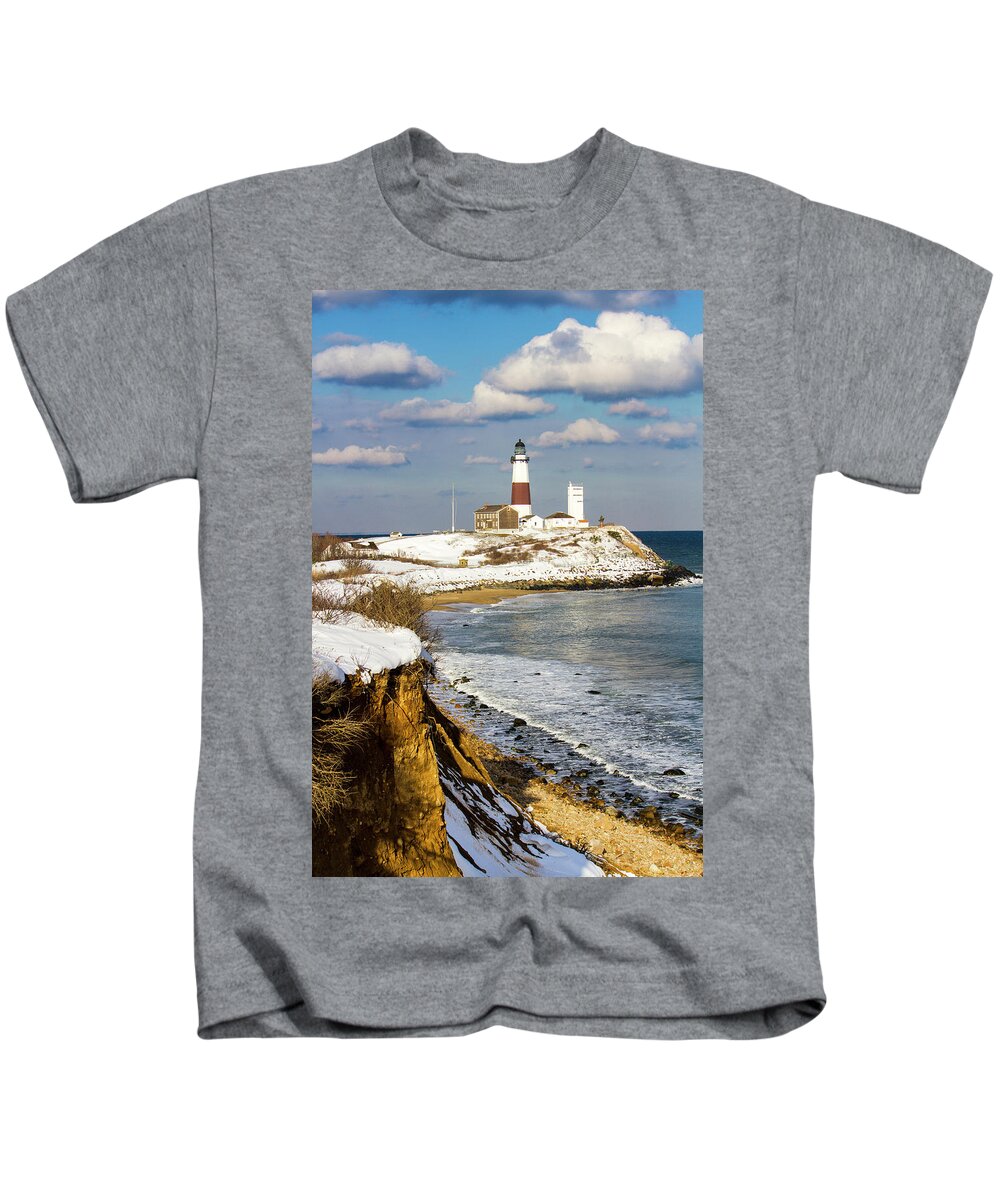 Montauk Kids T-Shirt featuring the photograph Montauk Lighthouse Winter Bluffs by Robert Seifert