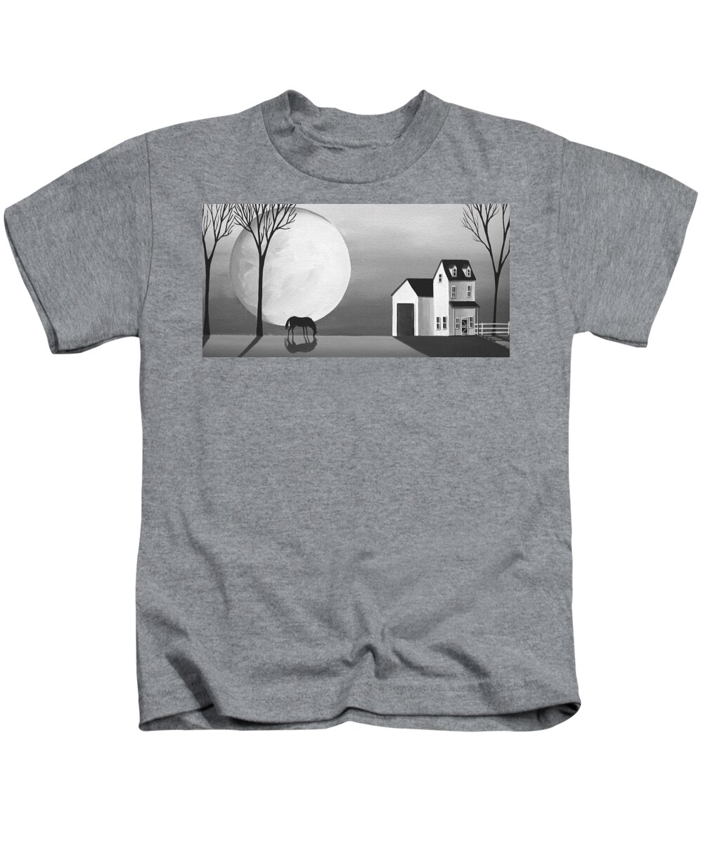 Art Kids T-Shirt featuring the painting Moon Grazing - folk art black white by Debbie Criswell