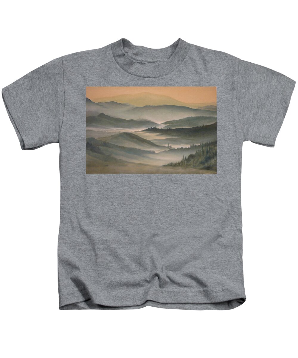 Landscape Kids T-Shirt featuring the painting Morning Mist by Caroline Philp