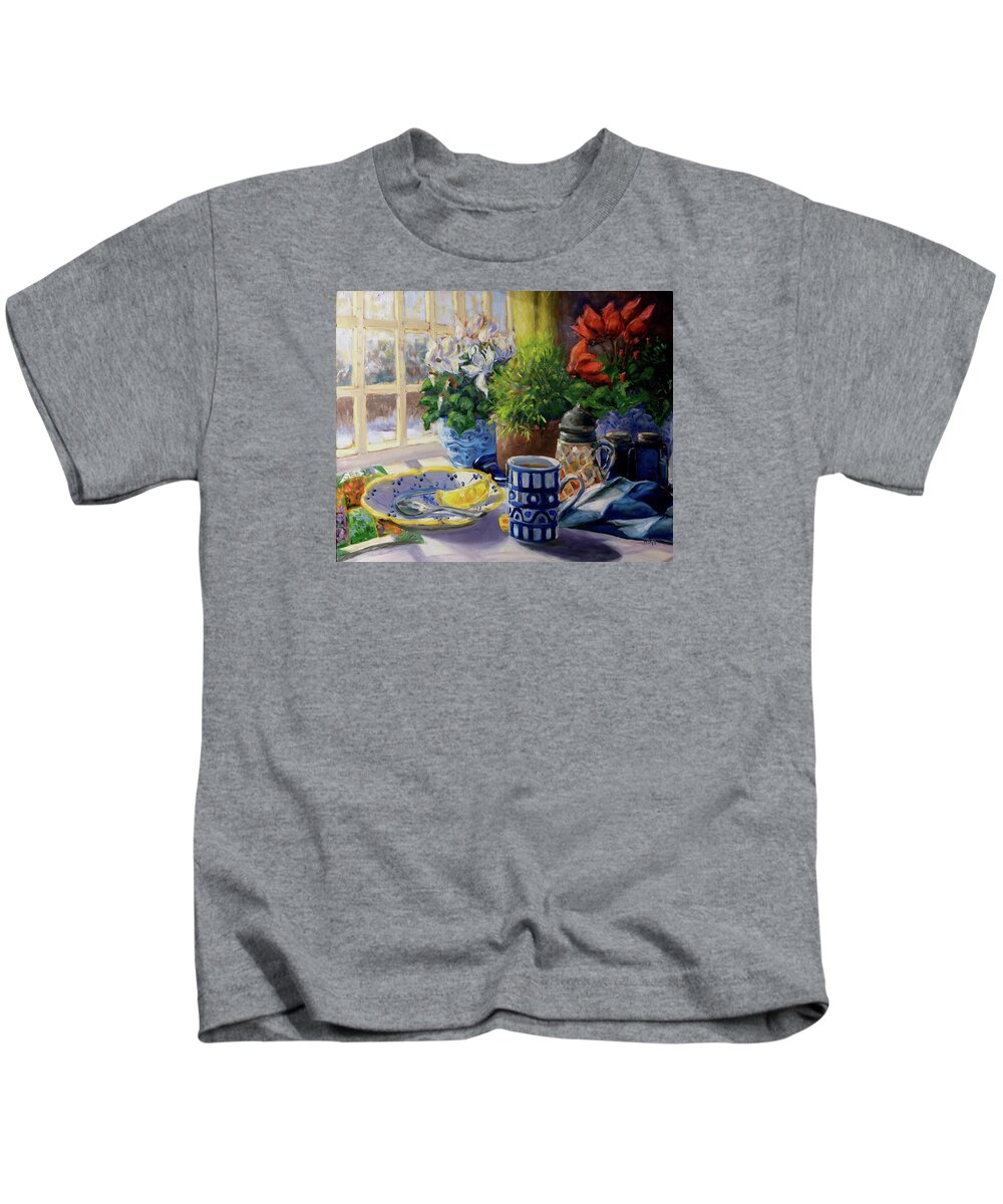 Tea With Lemon Kids T-Shirt featuring the painting Morning Tea In The Winter Garden by Barbara Hageman