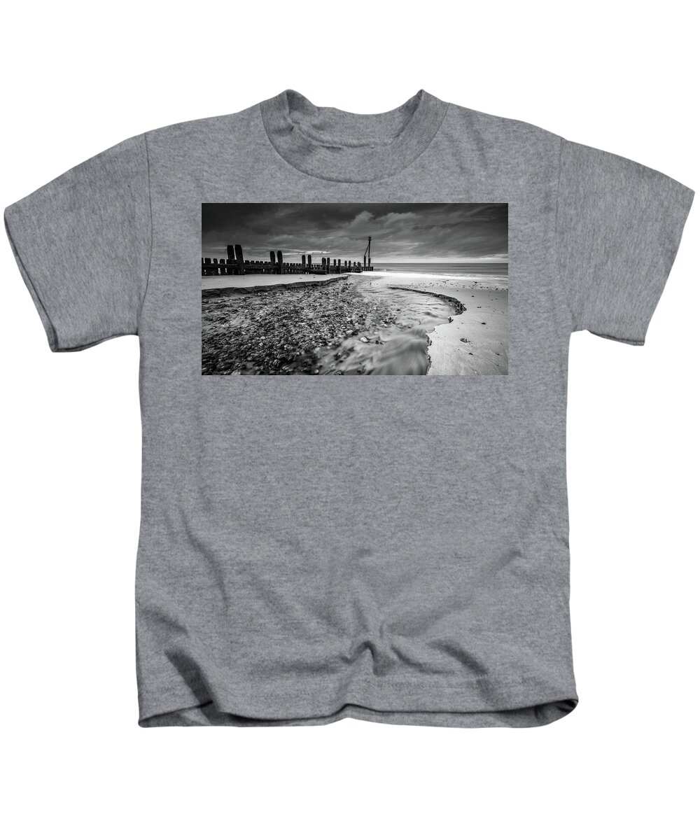Beach Kids T-Shirt featuring the photograph Mundesley Beach - mono by James Billings
