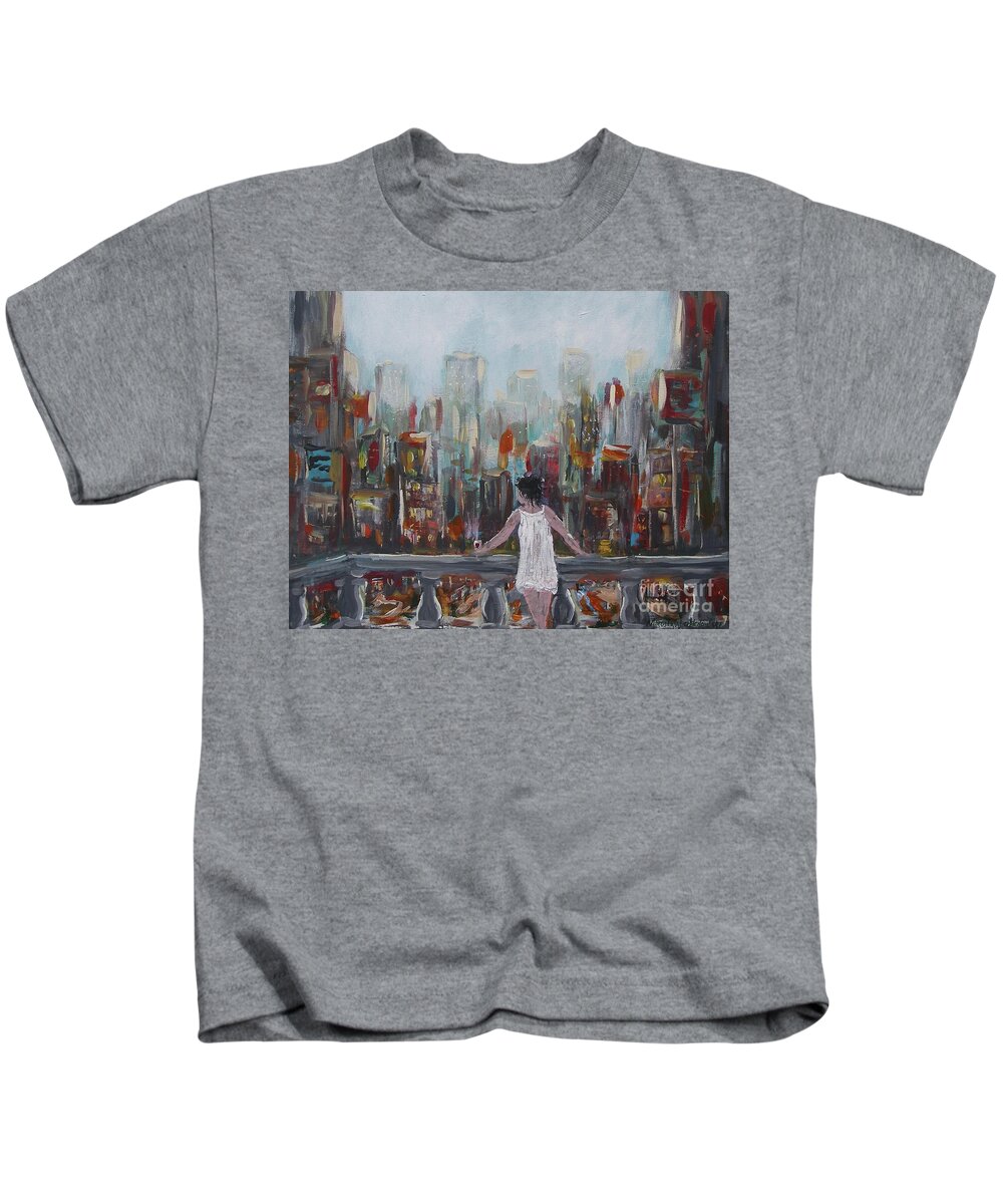 My View Balcony City Buildings Street Town Woman Look Nightdress White Lights Traffic Glass Of Red Wine Landscape Urban Acrylic On Canvas Print Painting Colors New York Manhattan Kids T-Shirt featuring the painting My View by Miroslaw Chelchowski
