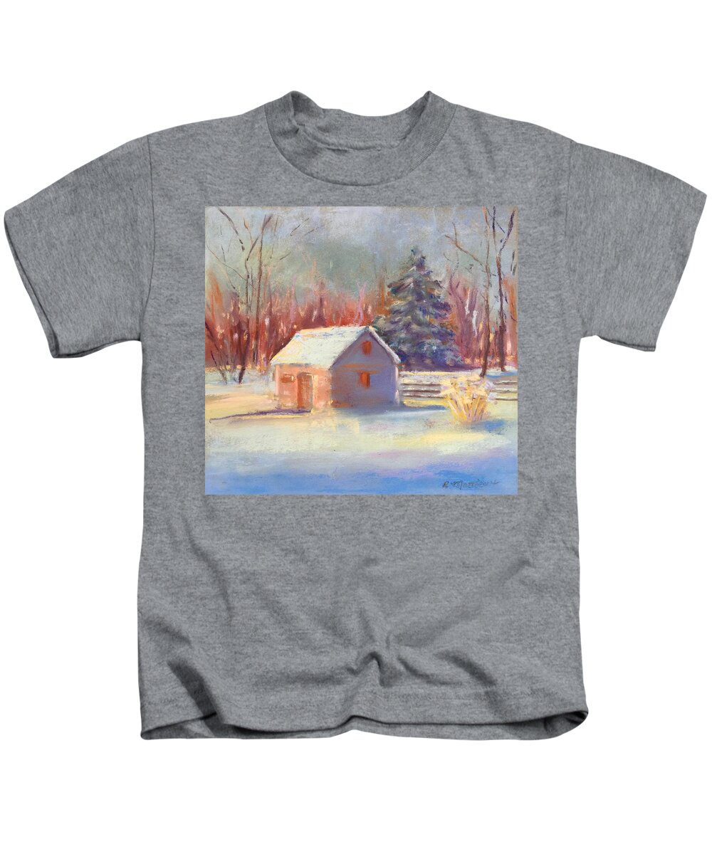 Nauvoo Painting Kids T-Shirt featuring the pastel Nauvoo winter scene by Rebecca Matthews