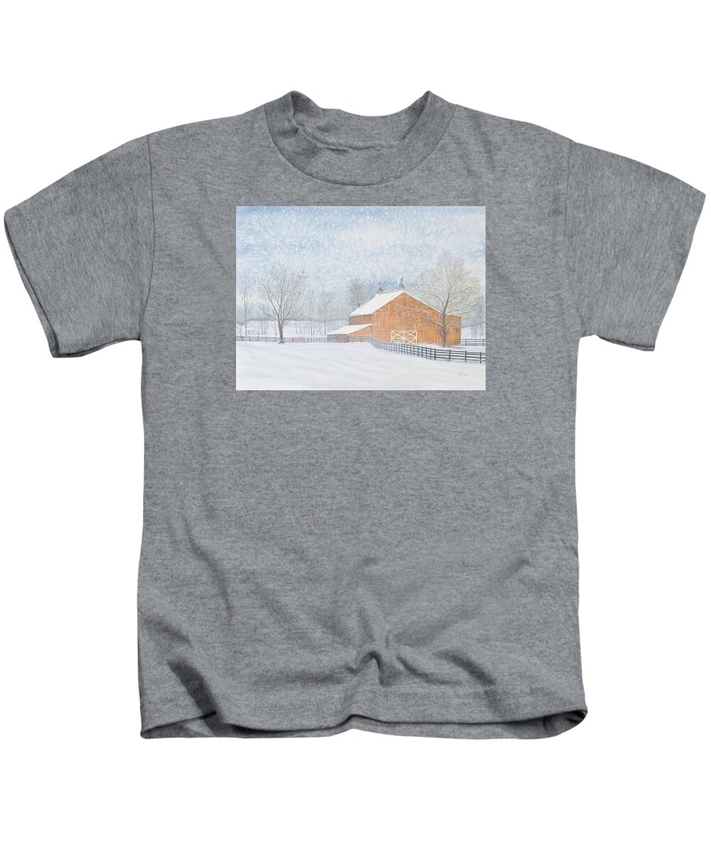 Barn Kids T-Shirt featuring the painting New Barn in Snowstorm by Sam Davis Johnson