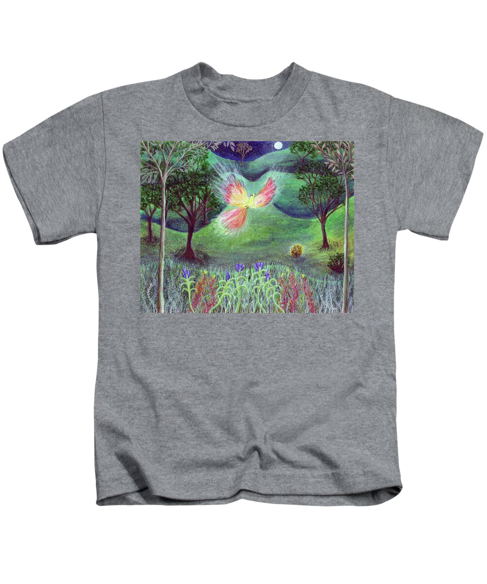 Lise Winne Kids T-Shirt featuring the painting Night With Fire bird and Sacred Bush by Lise Winne