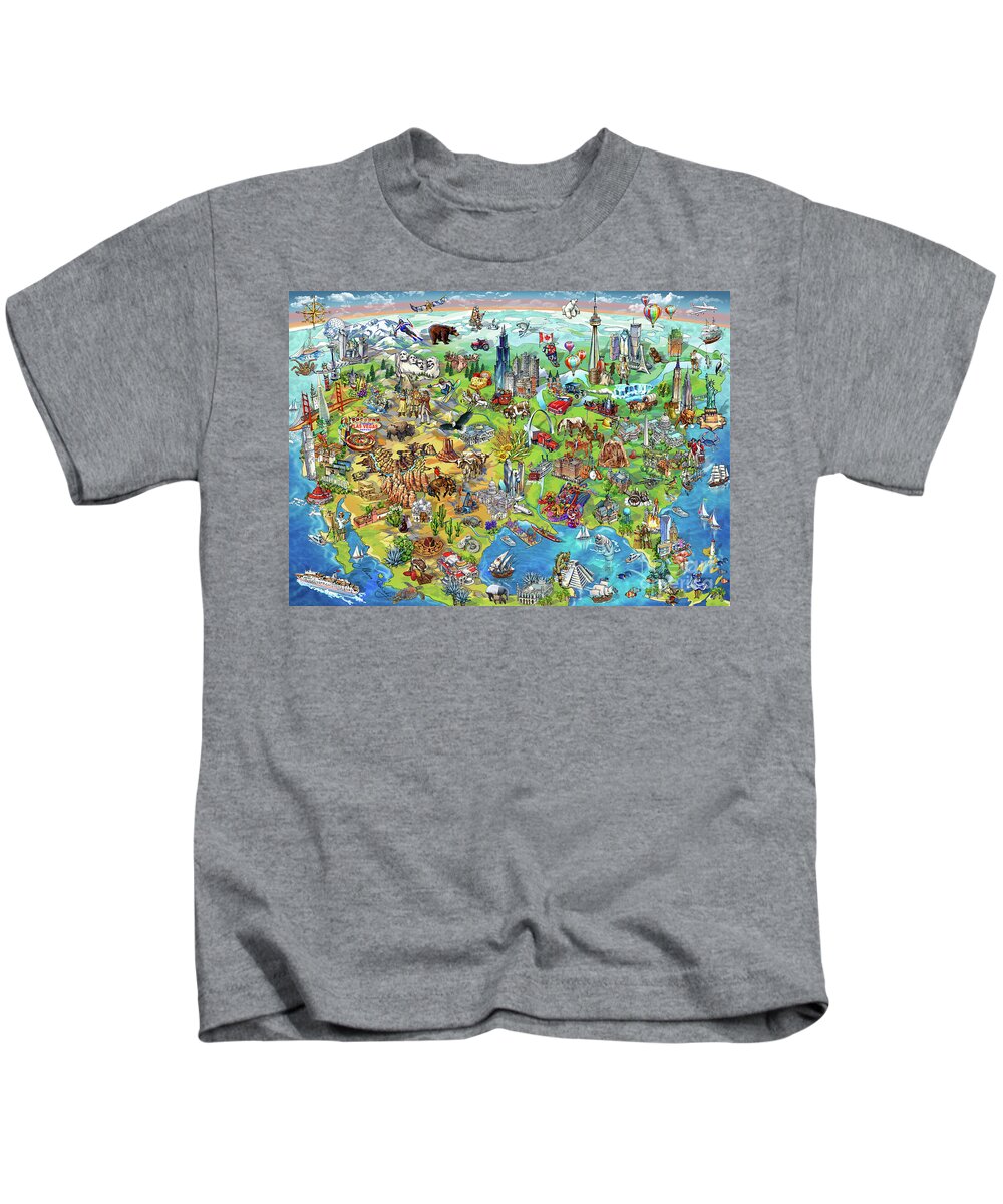 Los Angeles; Santa Barbara; Us; Usa; Maria Rabinky; Rabinky; New York; Illustrated Map; United States; Chicago; San Francisco; Pictorial Map; America; Colorful Map Of America Kids T-Shirt featuring the painting North America Wonders Map Illustration by Maria Rabinky
