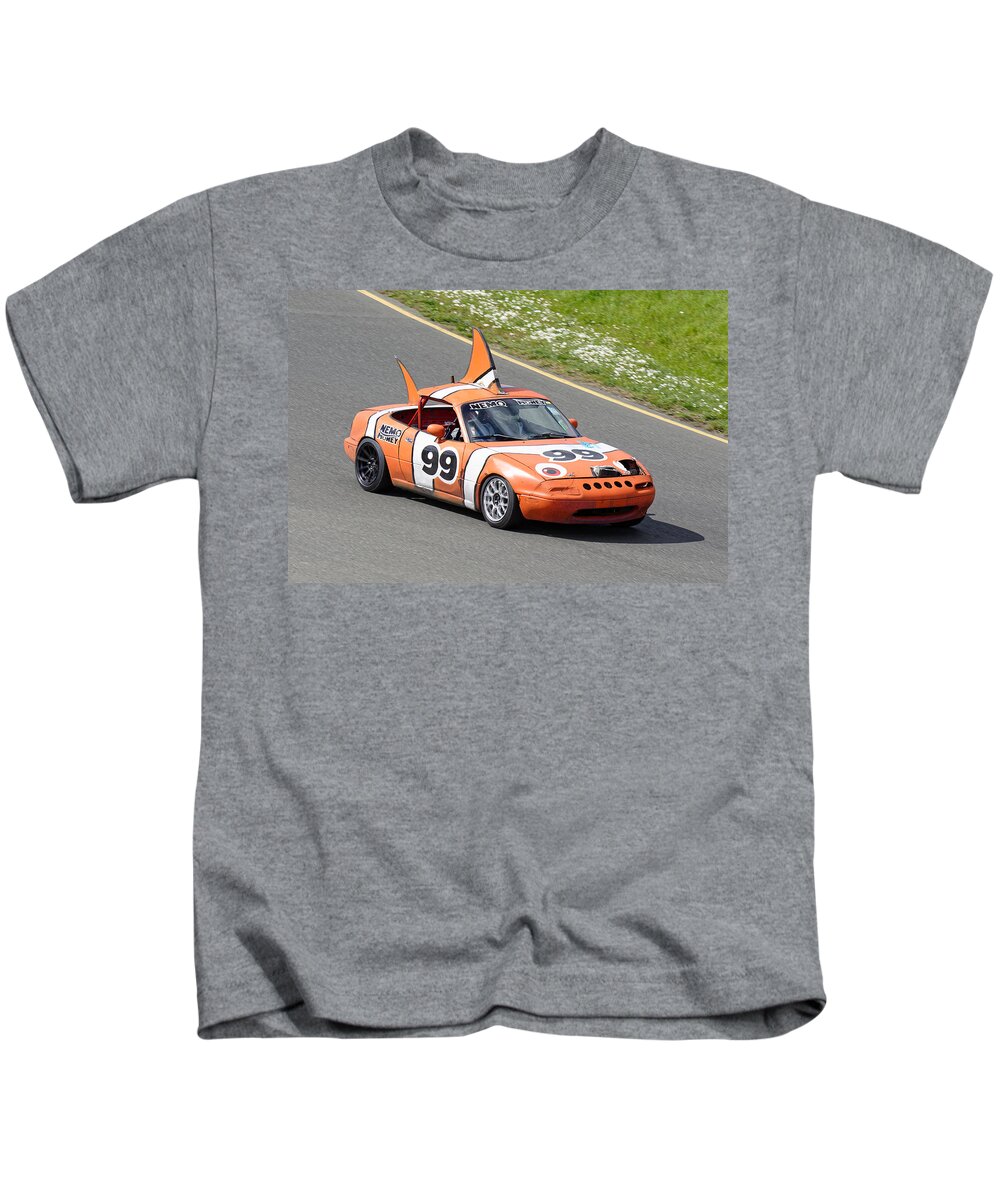 Sports Kids T-Shirt featuring the photograph Not Clowning Around -- Mazda Miata at the 24 Hours of LeMons Race in Sonoma, California by Darin Volpe