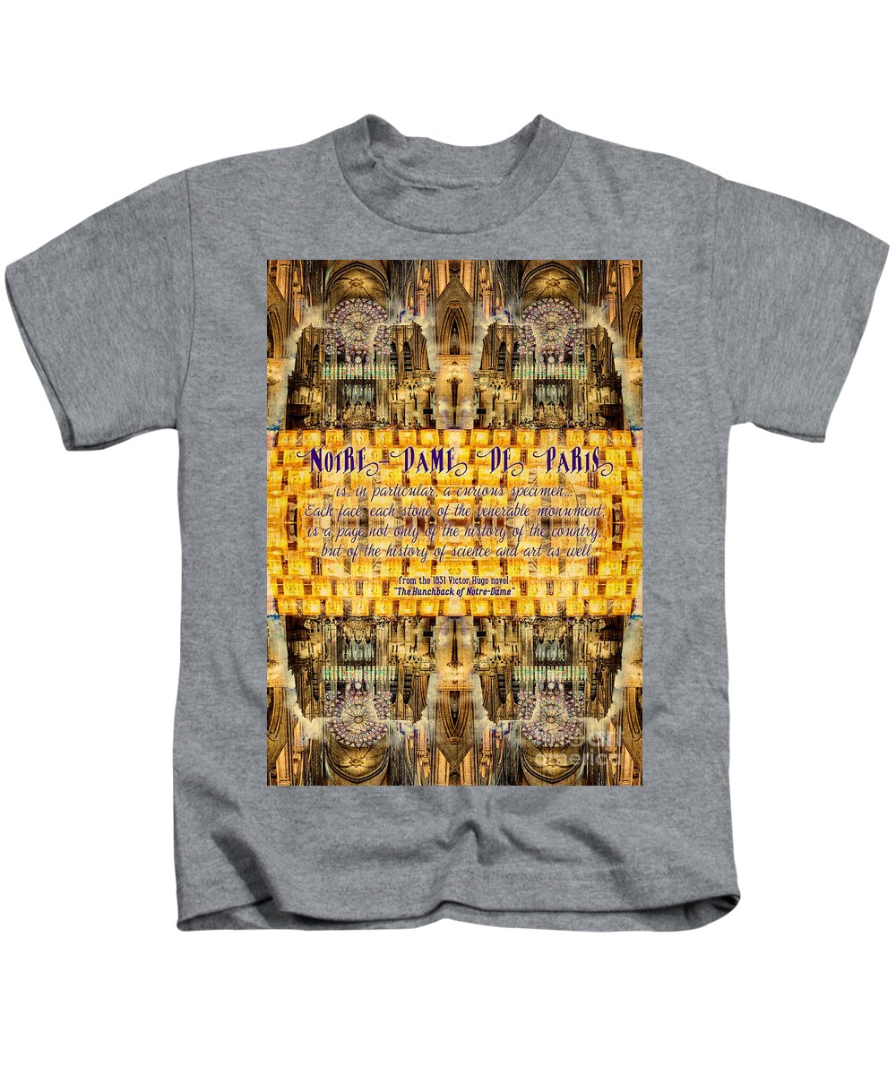 Literary Kids T-Shirt featuring the photograph Notre-Dame Cathedral Rose Stained Glass Candles Novel Quote by Beverly Claire Kaiya