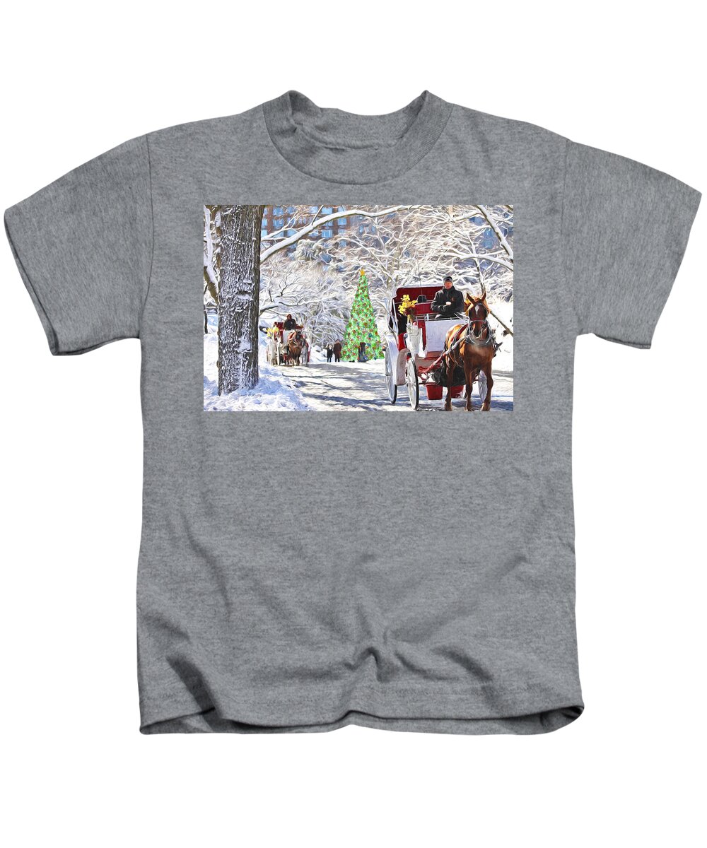 Carriage Rides Kids T-Shirt featuring the photograph Festive Winter Carriage Rides by Sandi OReilly