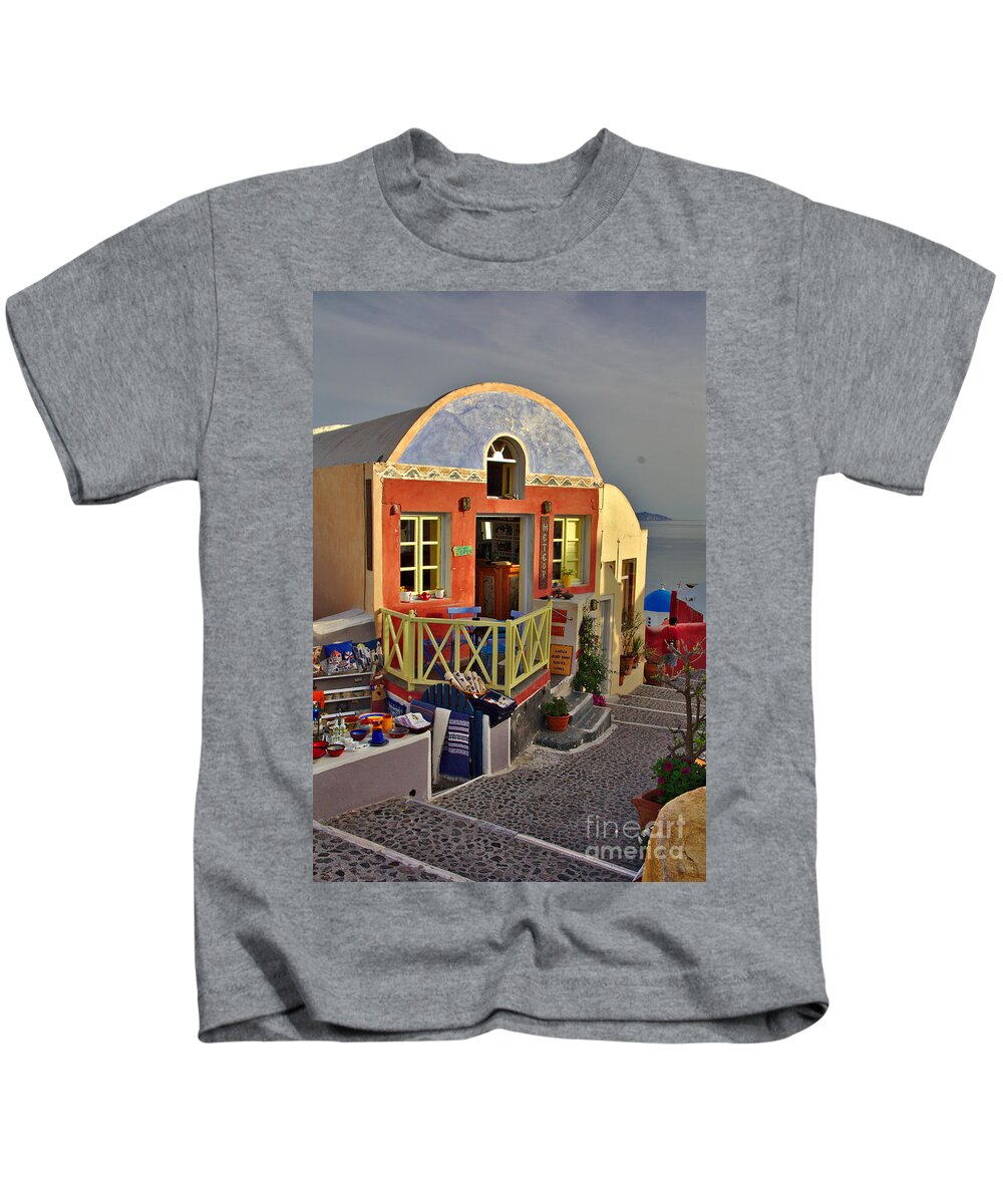 Santorini Kids T-Shirt featuring the photograph Oia Pub by Jeremy Hayden