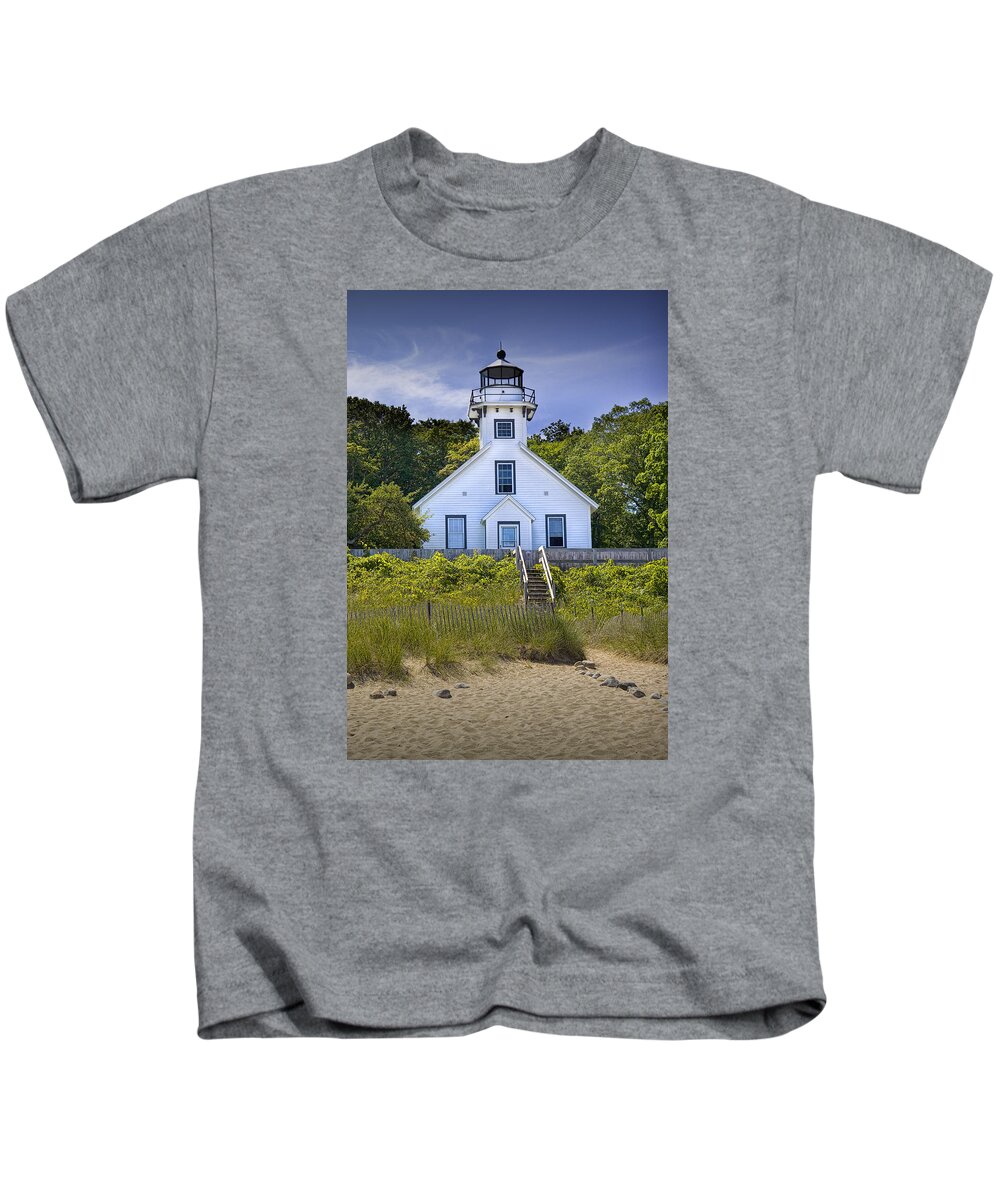 Lighthouse Kids T-Shirt featuring the photograph Old Mission Point Lighthouse in Grand Traverse Bay Michigan Number 2 by Randall Nyhof