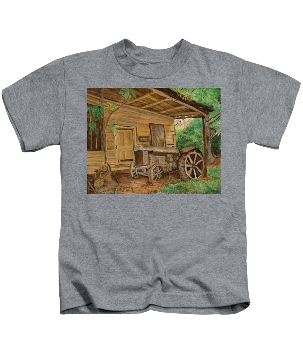 Old Time Tractor Shed Kids T-Shirt featuring the painting Oldtime tractor by Kathy Knopp