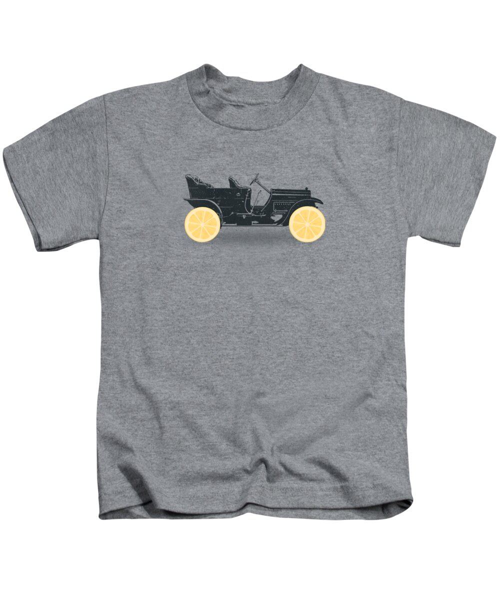 Classic Cars Kids T-Shirt featuring the digital art Oldtimer Historic Car with lemon wheels by Philipp Rietz