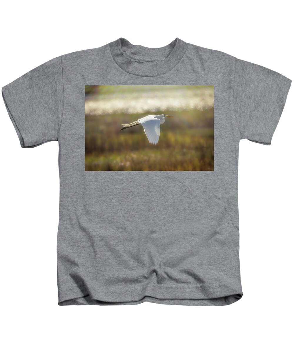 Egret Kids T-Shirt featuring the photograph On My Way by Mike Gifford