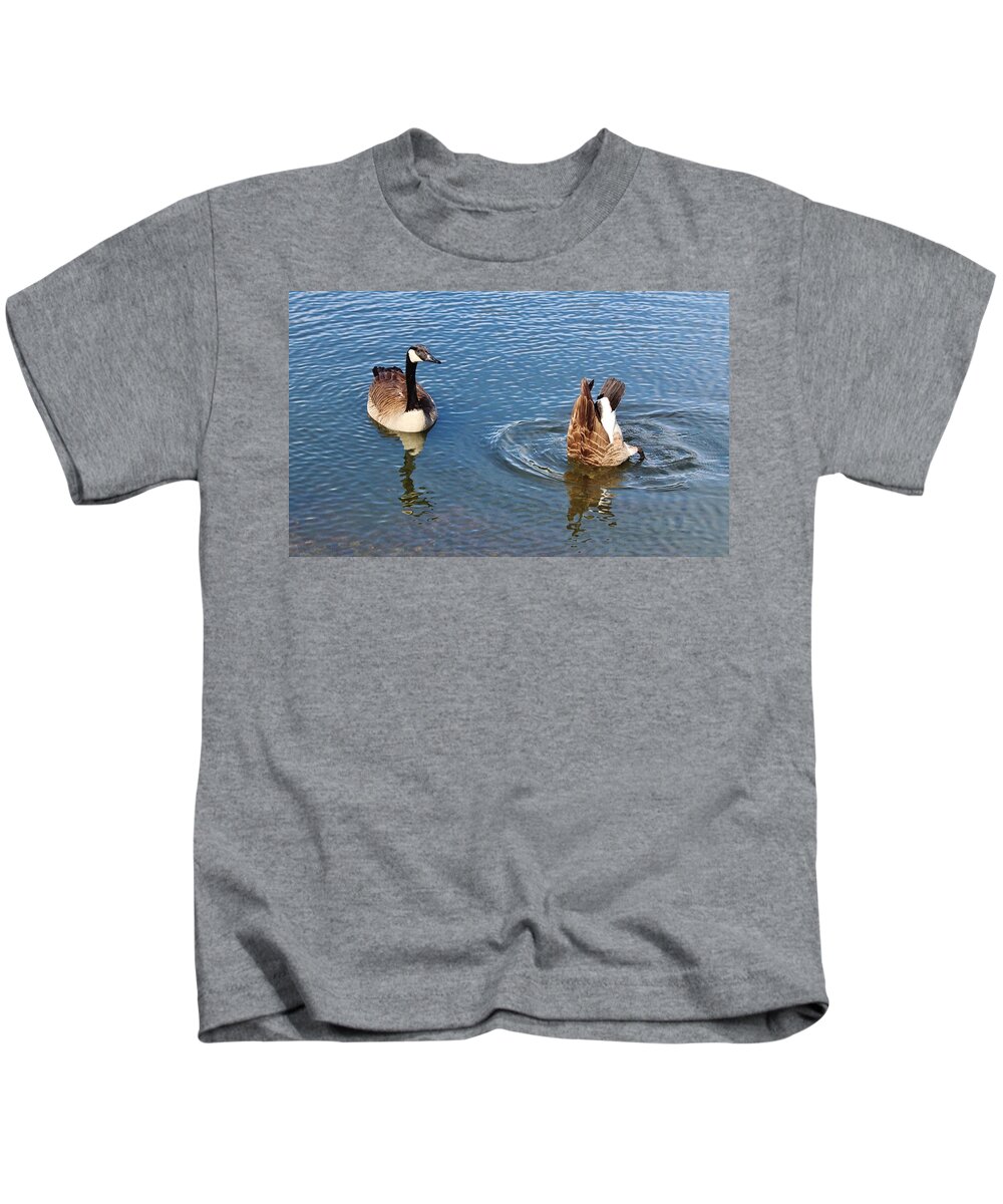 Canadian Geese Kids T-Shirt featuring the photograph One Up One Down by Cynthia Guinn