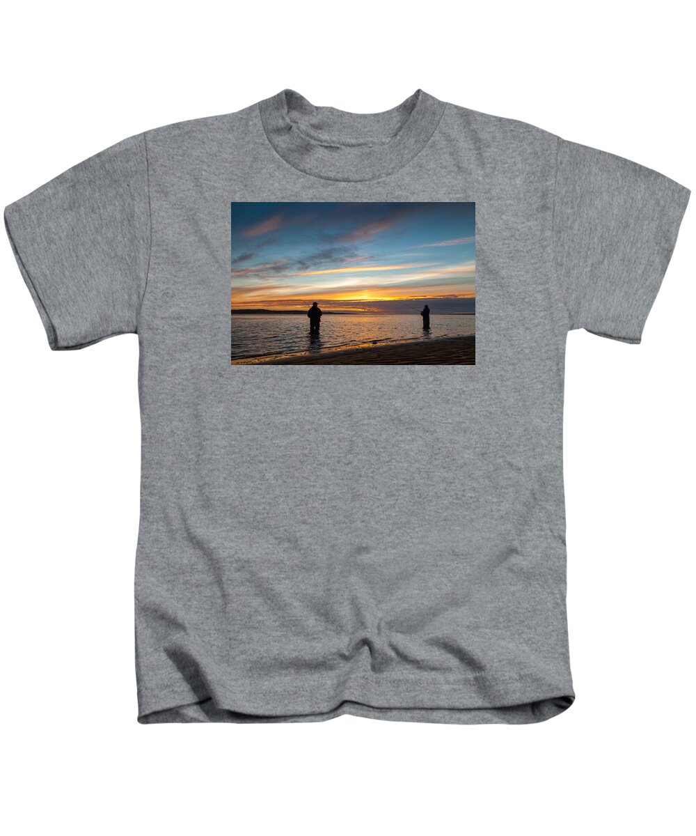 Blue Kids T-Shirt featuring the photograph Oregon couple fishing at sunset. by Scott Slone