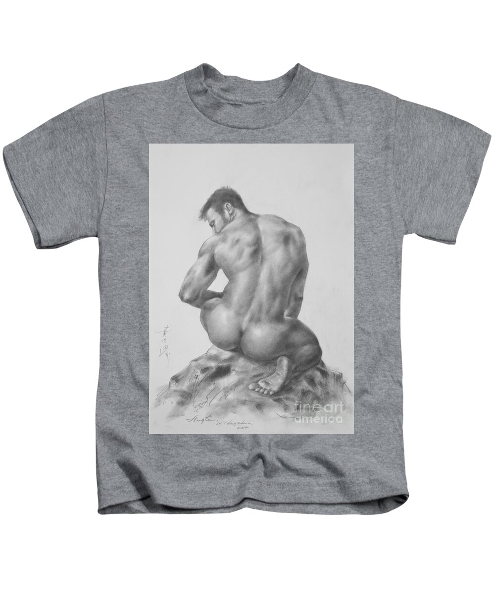 Original Art Kids T-Shirt featuring the drawing Original Charcoal Drawing Art Male Nude On Paper #16-3-18-04 by Hongtao Huang
