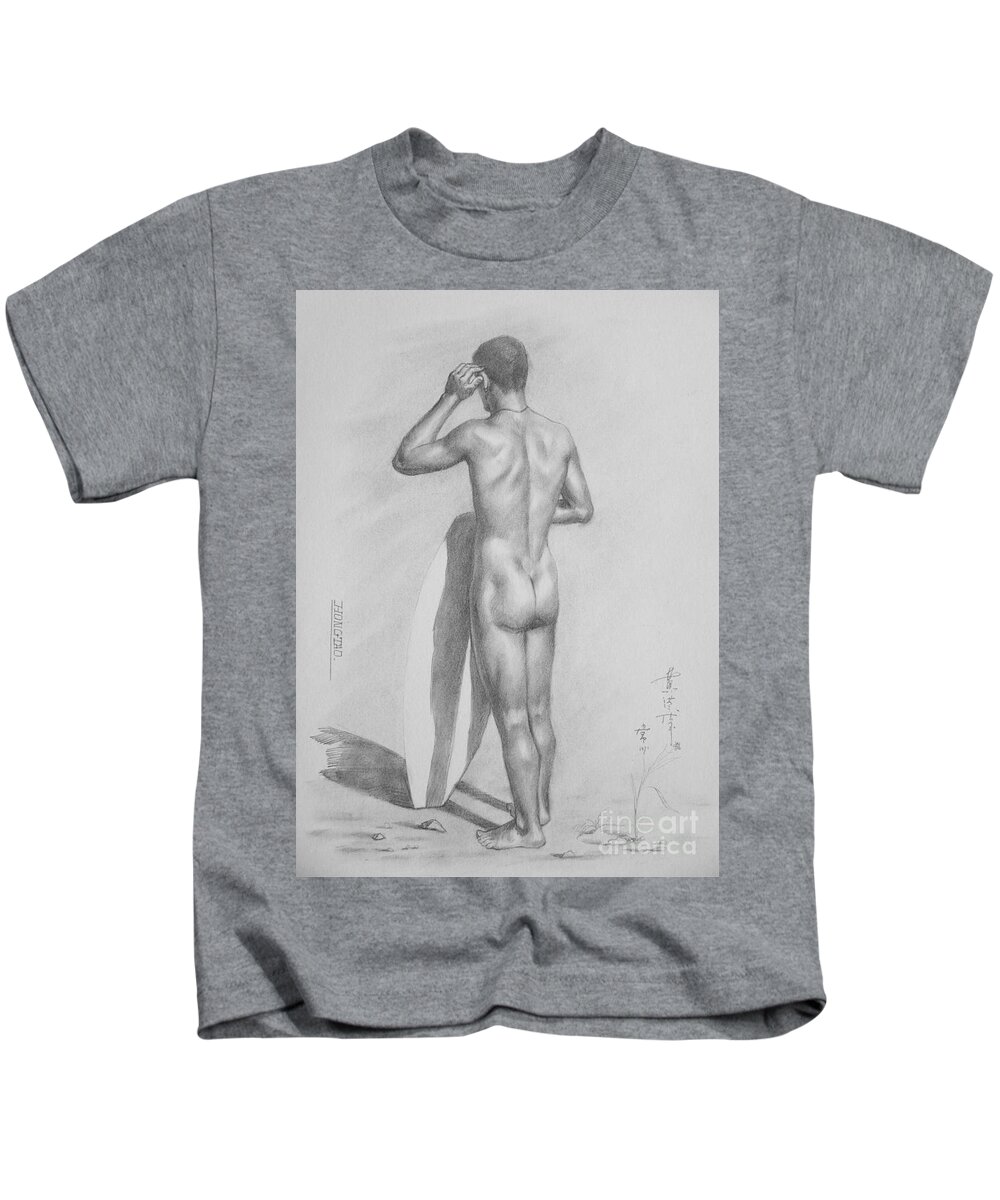 Drawing Kids T-Shirt featuring the drawing Original Charcoal Drawing Art Male Nude Seaside On Paper #16-3-11-34 by Hongtao Huang