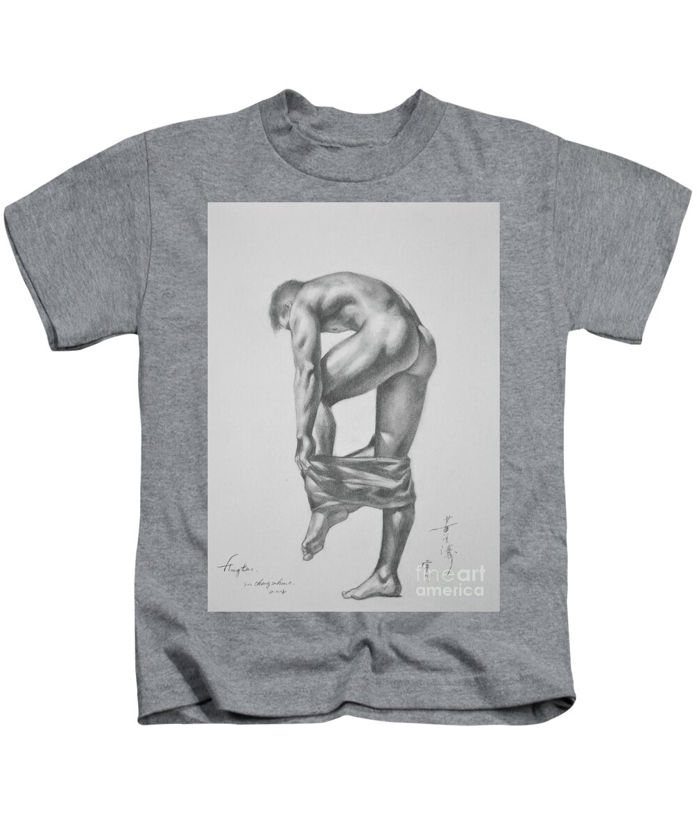 Original Drawing Kids T-Shirt featuring the painting Original Drawing Sketch Charcoal Pencil Gay Interest Man Art On Paper #11-17-14 by Hongtao Huang