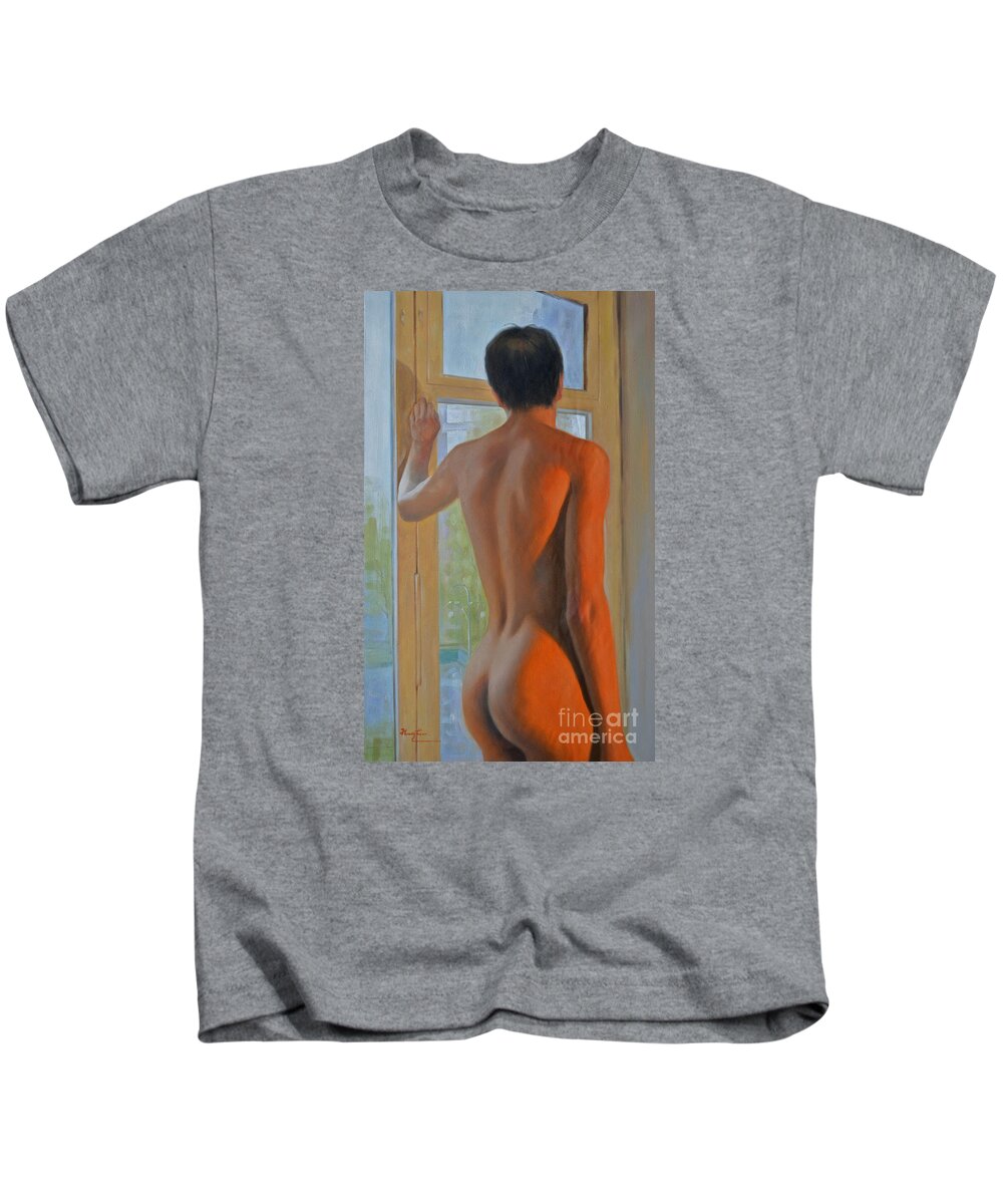 Original Art Kids T-Shirt featuring the painting Original Oil Painting Art Male Nude Boy Man On Canvas #16-1-26-01 by Hongtao Huang