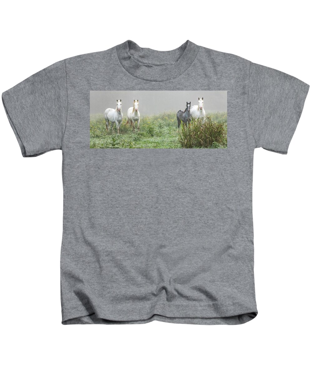 Wild Horses Kids T-Shirt featuring the photograph Out of the Mist, 2 by Holly Ross