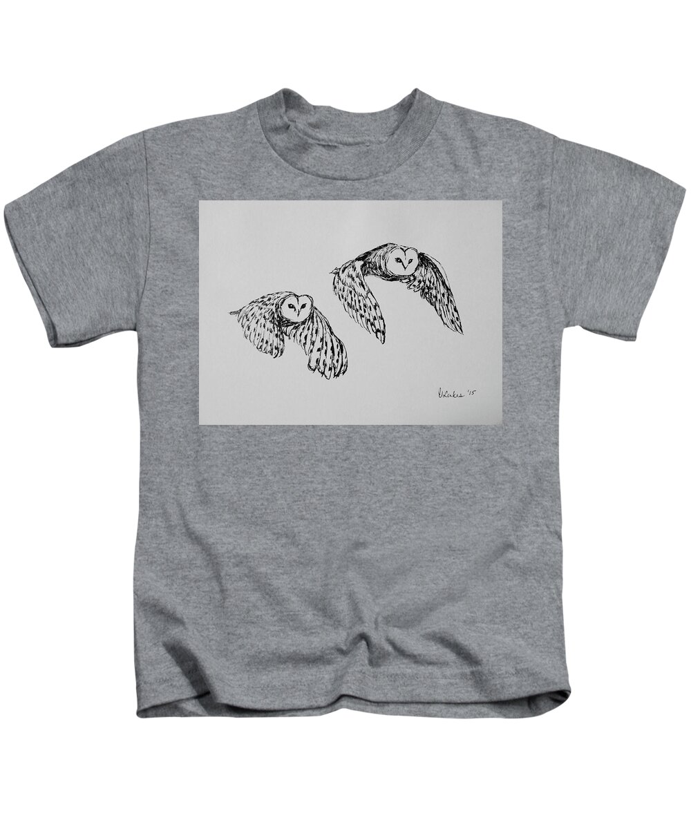 Owls Kids T-Shirt featuring the drawing Owls in Flight by Victoria Lakes
