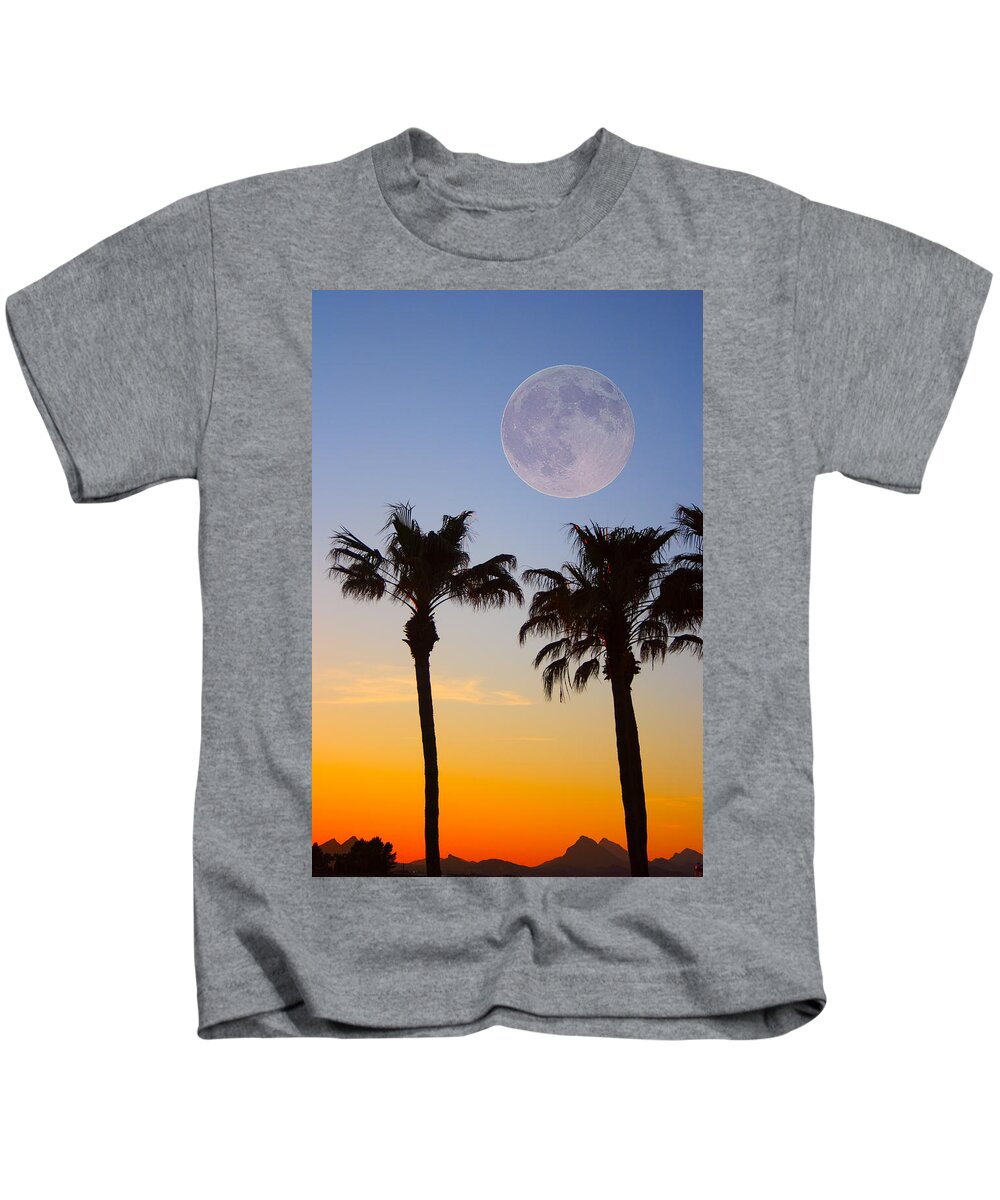 Palm Kids T-Shirt featuring the photograph Palm Tree Full Moon Sunset by James BO Insogna