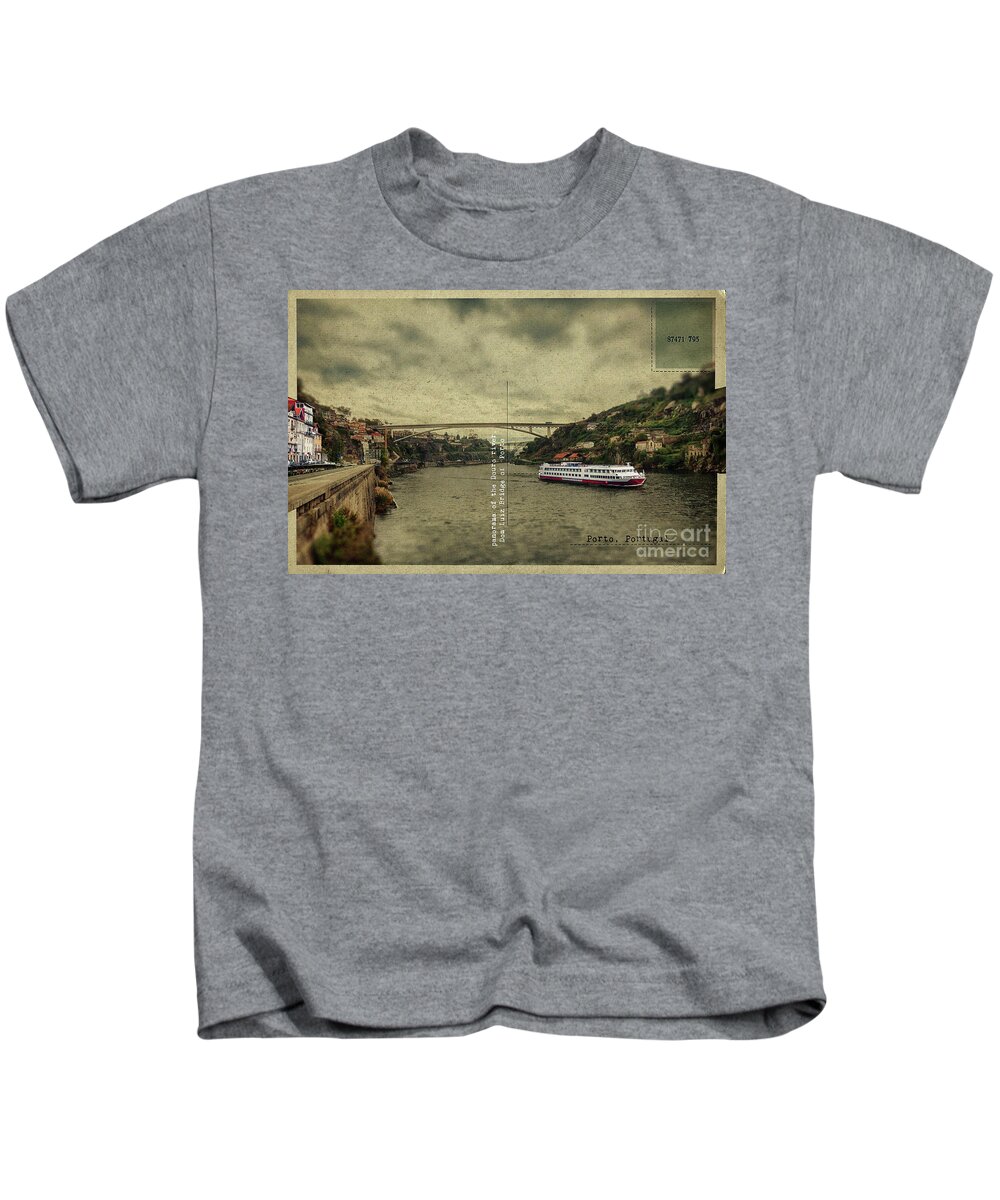 Postcard Kids T-Shirt featuring the digital art panorama of the Douro river, Dom Luiz Bridge of Porto, Portugal by Ariadna De Raadt